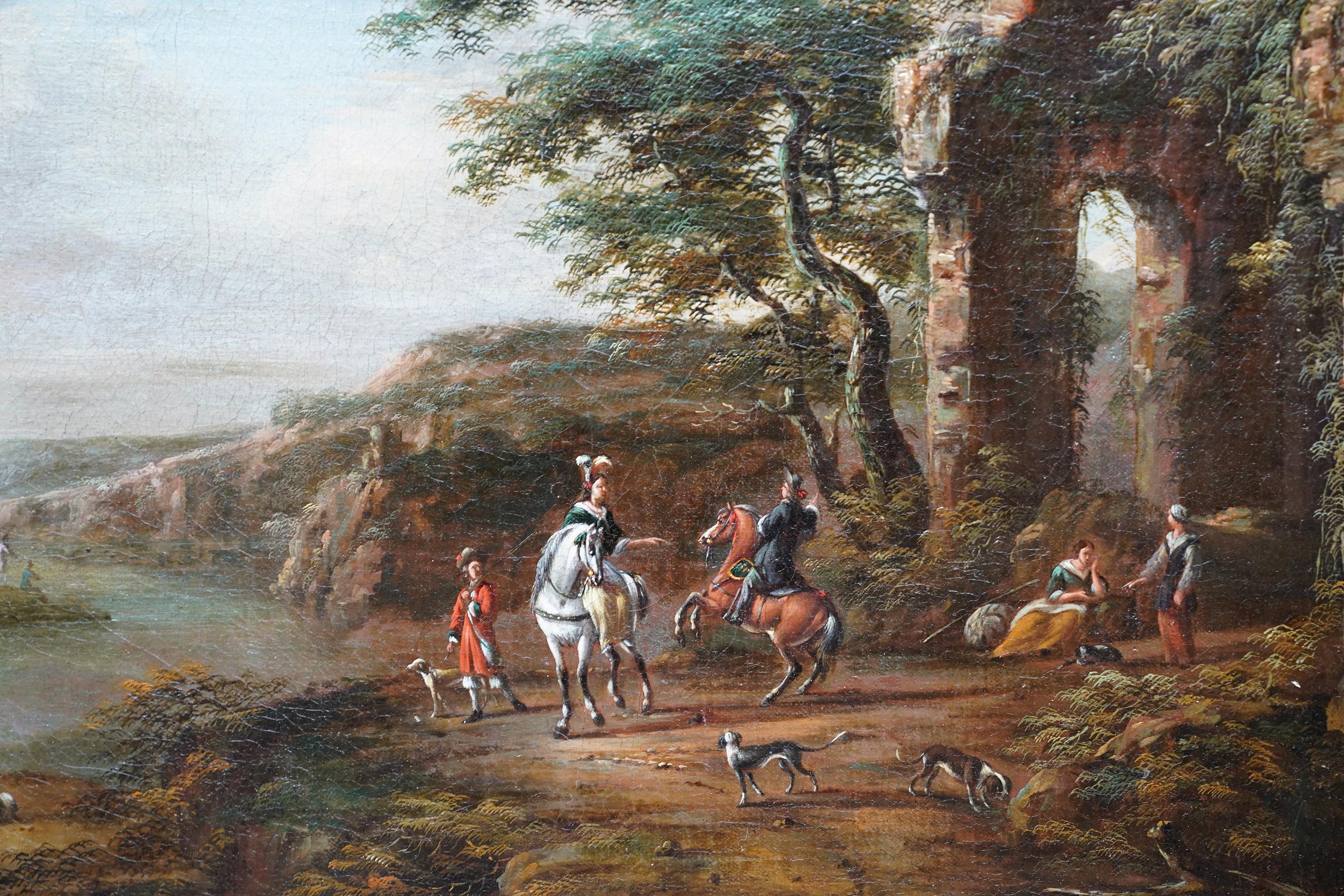 Reisende und Hunde in Landschaft, Ruinen auf der rechten Seite – Ölgemälde eines niederländischen Alten Meisters im Angebot 1