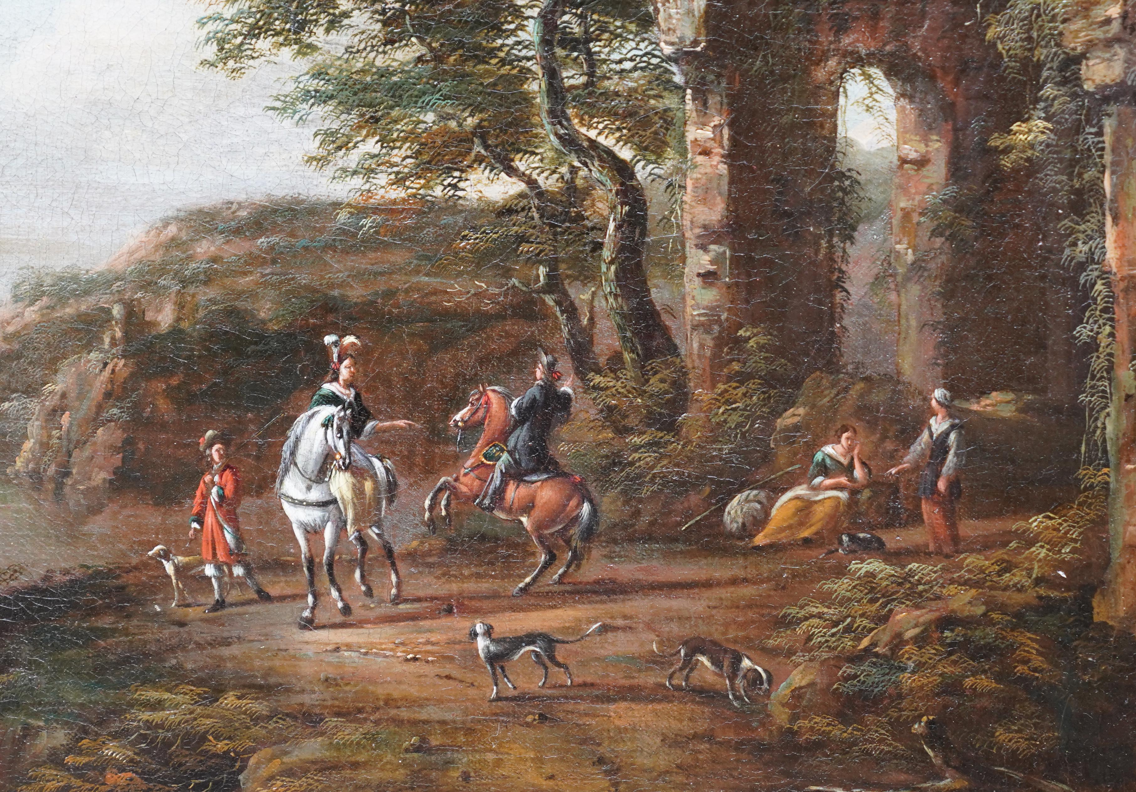 Travellers and Dogs in Landscape, Ruins on Right - Dutch Old Master oil painting For Sale 2