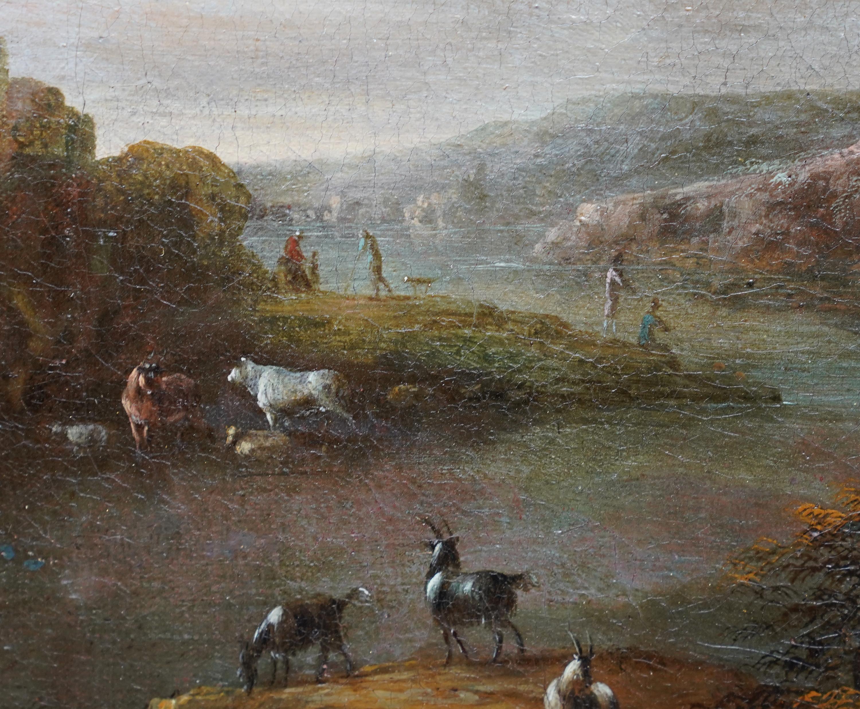 Reisende und Hunde in Landschaft, Ruinen auf der rechten Seite – Ölgemälde eines niederländischen Alten Meisters im Angebot 3