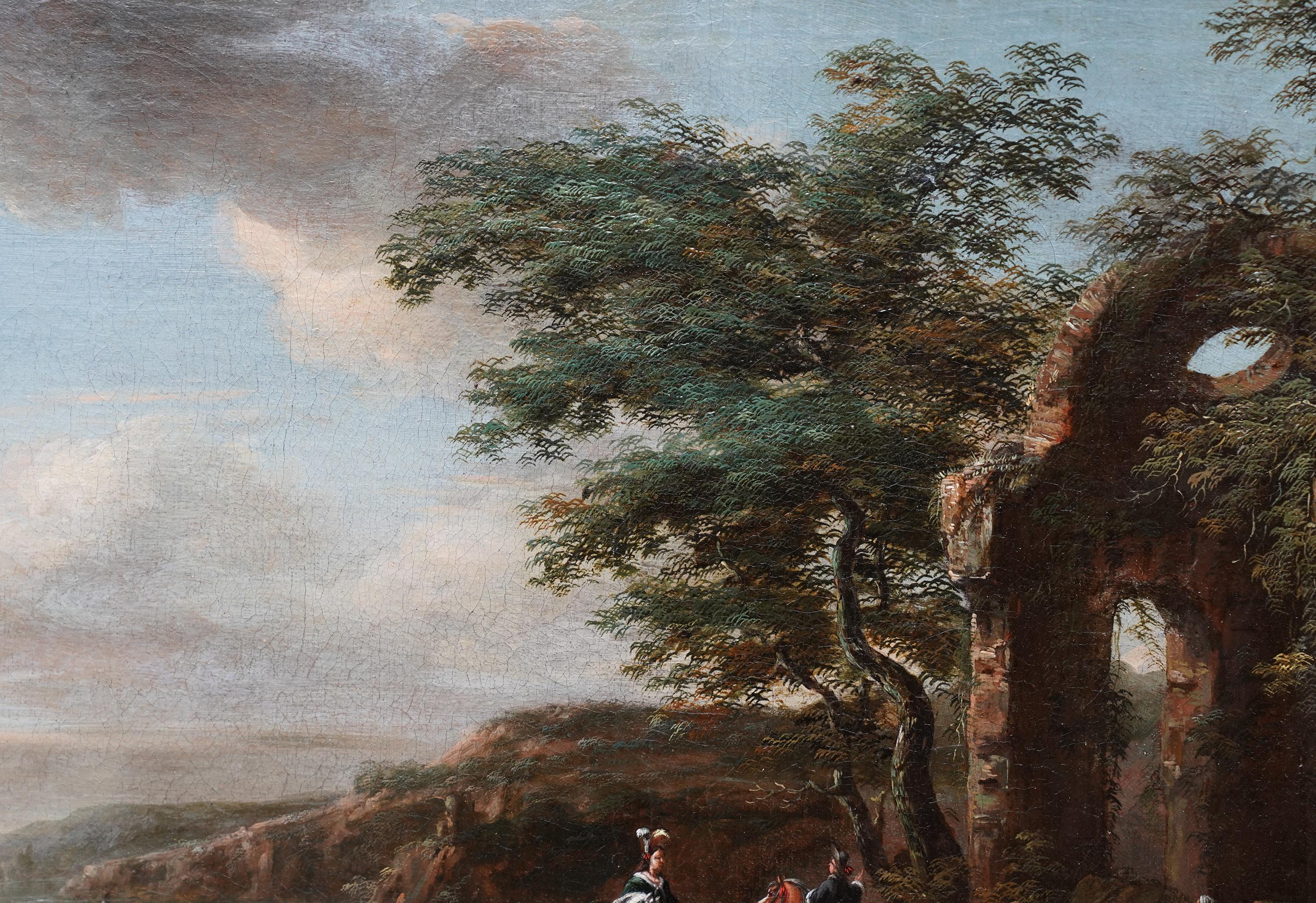 Reisende und Hunde in Landschaft, Ruinen auf der rechten Seite – Ölgemälde eines niederländischen Alten Meisters im Angebot 4