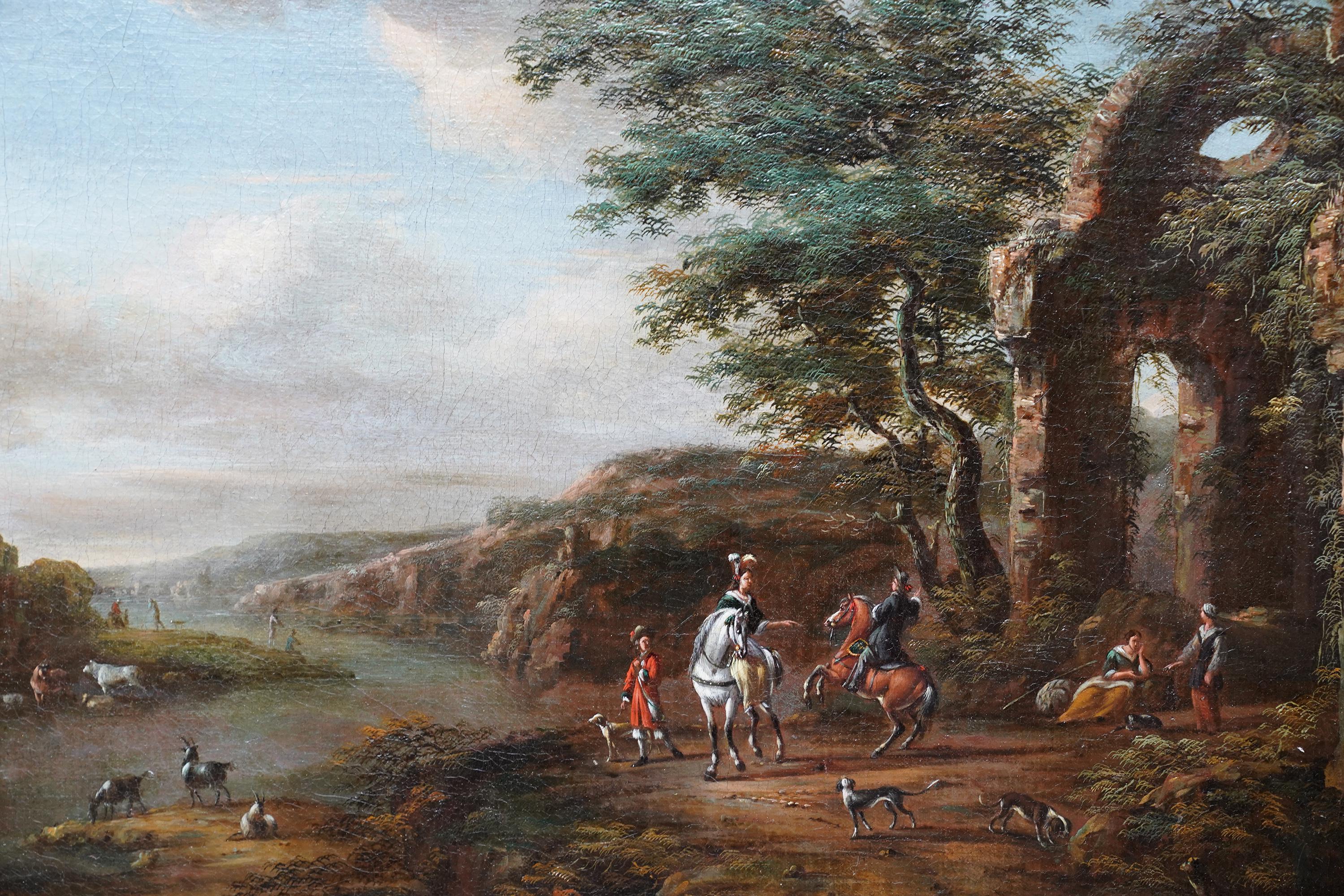Reisende und Hunde in Landschaft, Ruinen auf der rechten Seite – Ölgemälde eines niederländischen Alten Meisters im Angebot 5