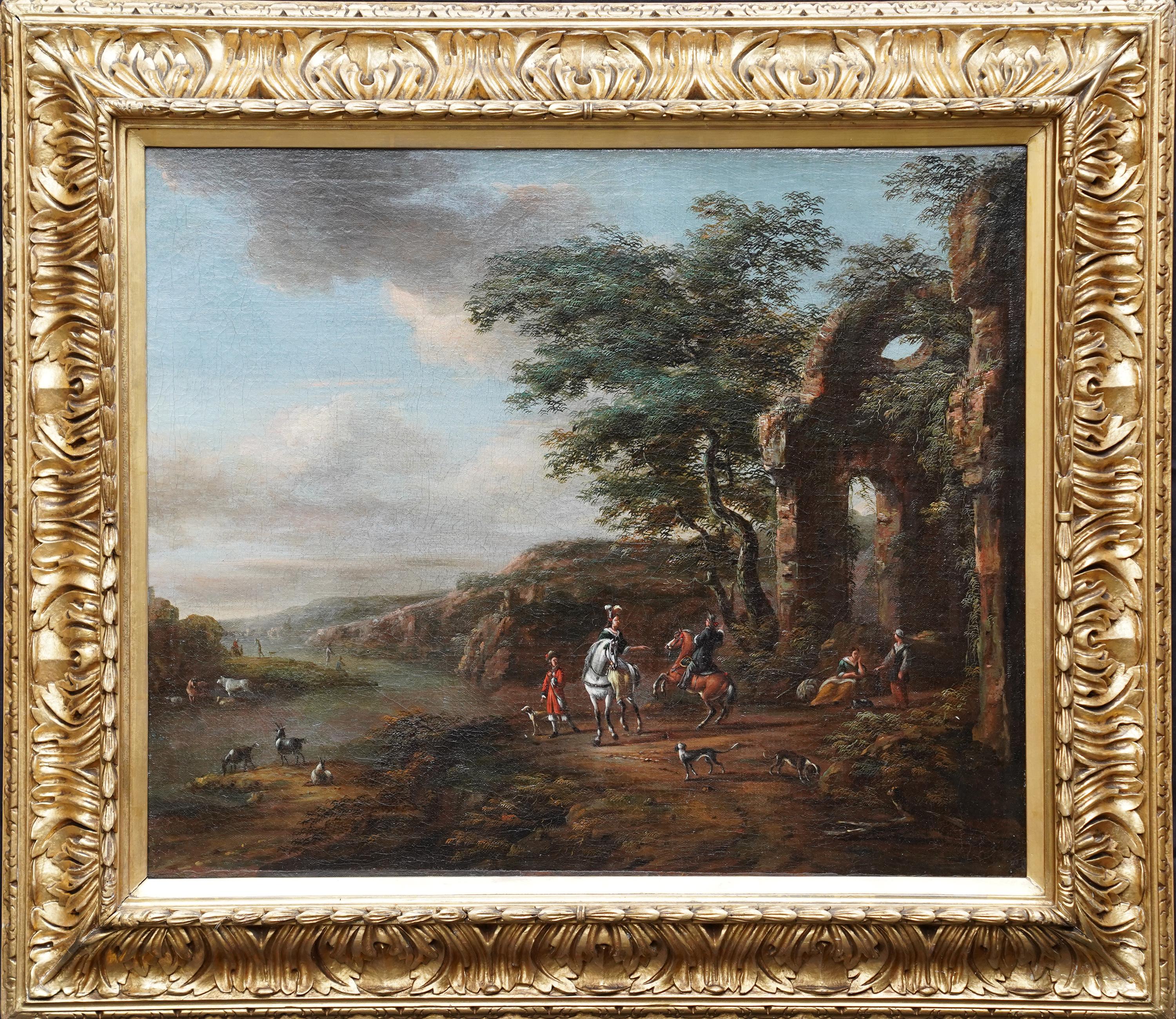 Pieter Wouwerman Figurative Painting – Reisende und Hunde in Landschaft, Ruinen auf der rechten Seite – Ölgemälde eines niederländischen Alten Meisters