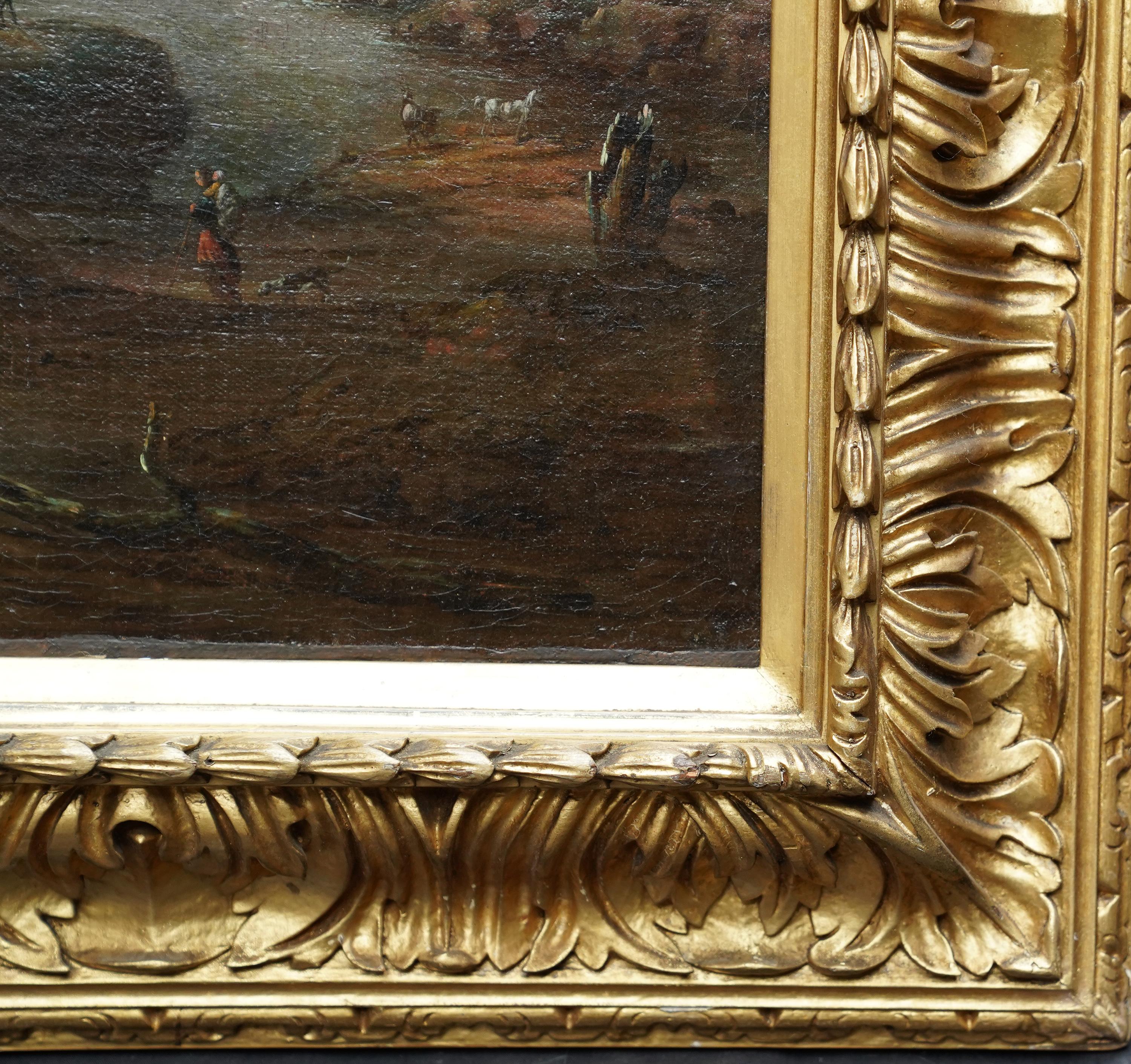 Viajeros cerca de unas ruinas en un paisaje - Pintura al óleo figurativa del Viejo Maestro holandés en venta 5