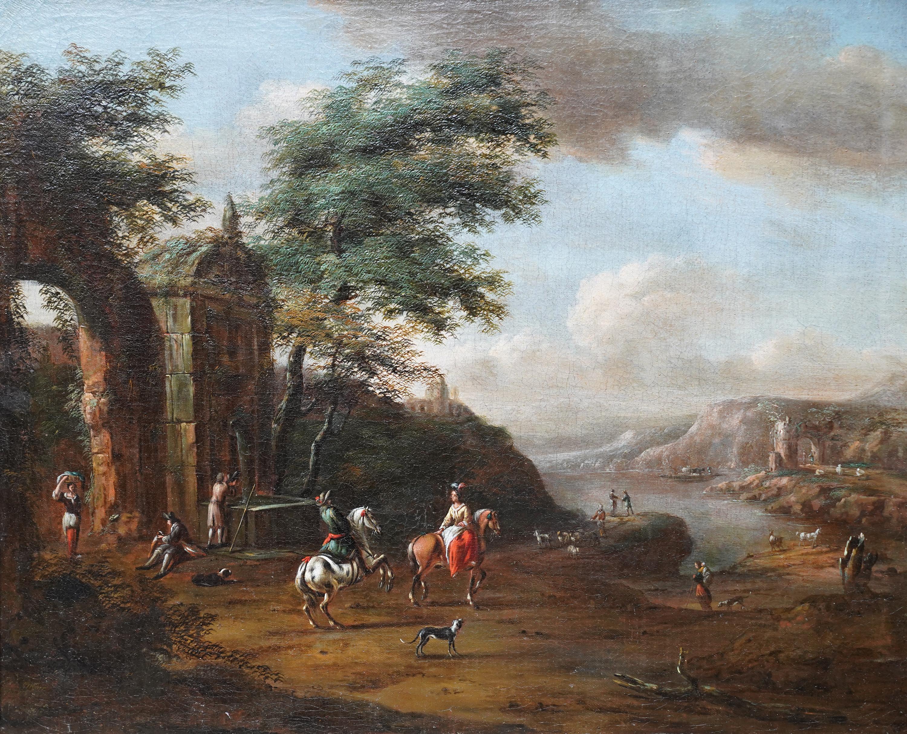 Reisende in der Nähe von Ruinen in einer Landschaft – niederländisches figurales Ölgemälde eines alten Meisters im Angebot 7