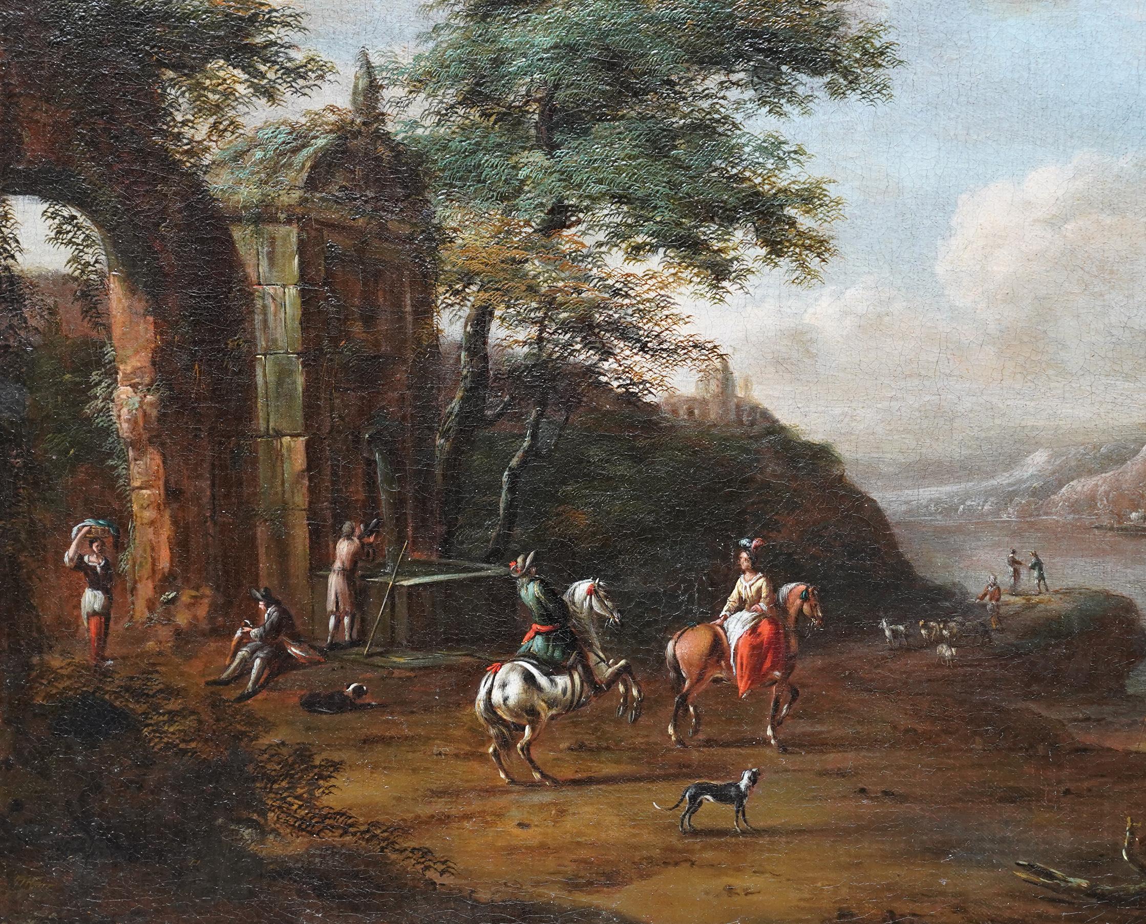 Reisende in der Nähe von Ruinen in einer Landschaft – niederländisches figurales Ölgemälde eines alten Meisters (Alte Meister), Painting, von Pieter Wouwerman