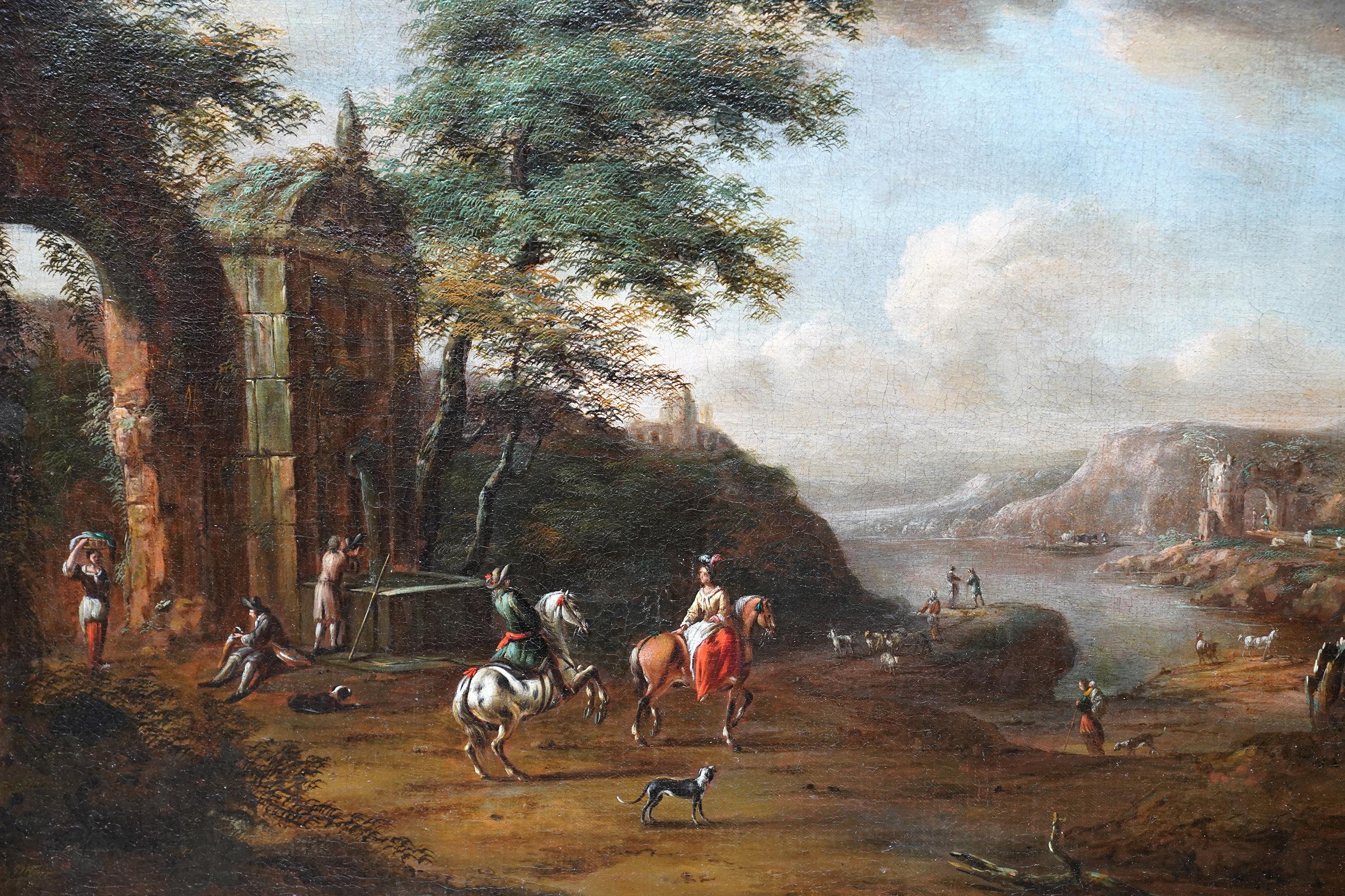 Reisende in der Nähe von Ruinen in einer Landschaft – niederländisches figurales Ölgemälde eines alten Meisters im Angebot 1