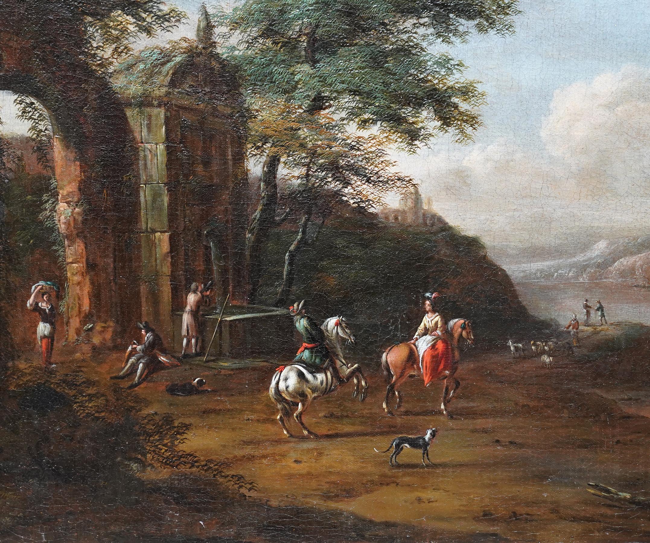 Reisende in der Nähe von Ruinen in einer Landschaft – niederländisches figurales Ölgemälde eines alten Meisters im Angebot 2