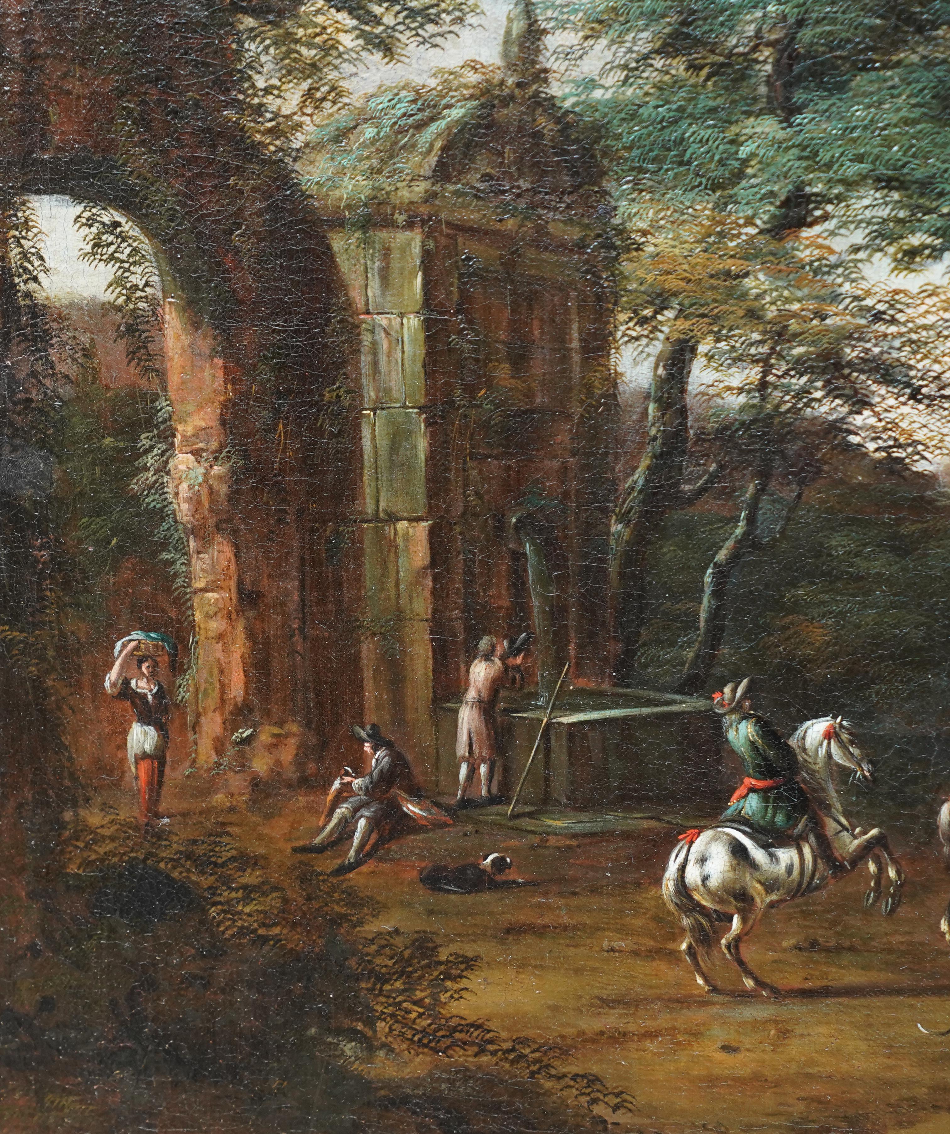 Reisende in der Nähe von Ruinen in einer Landschaft – niederländisches figurales Ölgemälde eines alten Meisters im Angebot 3