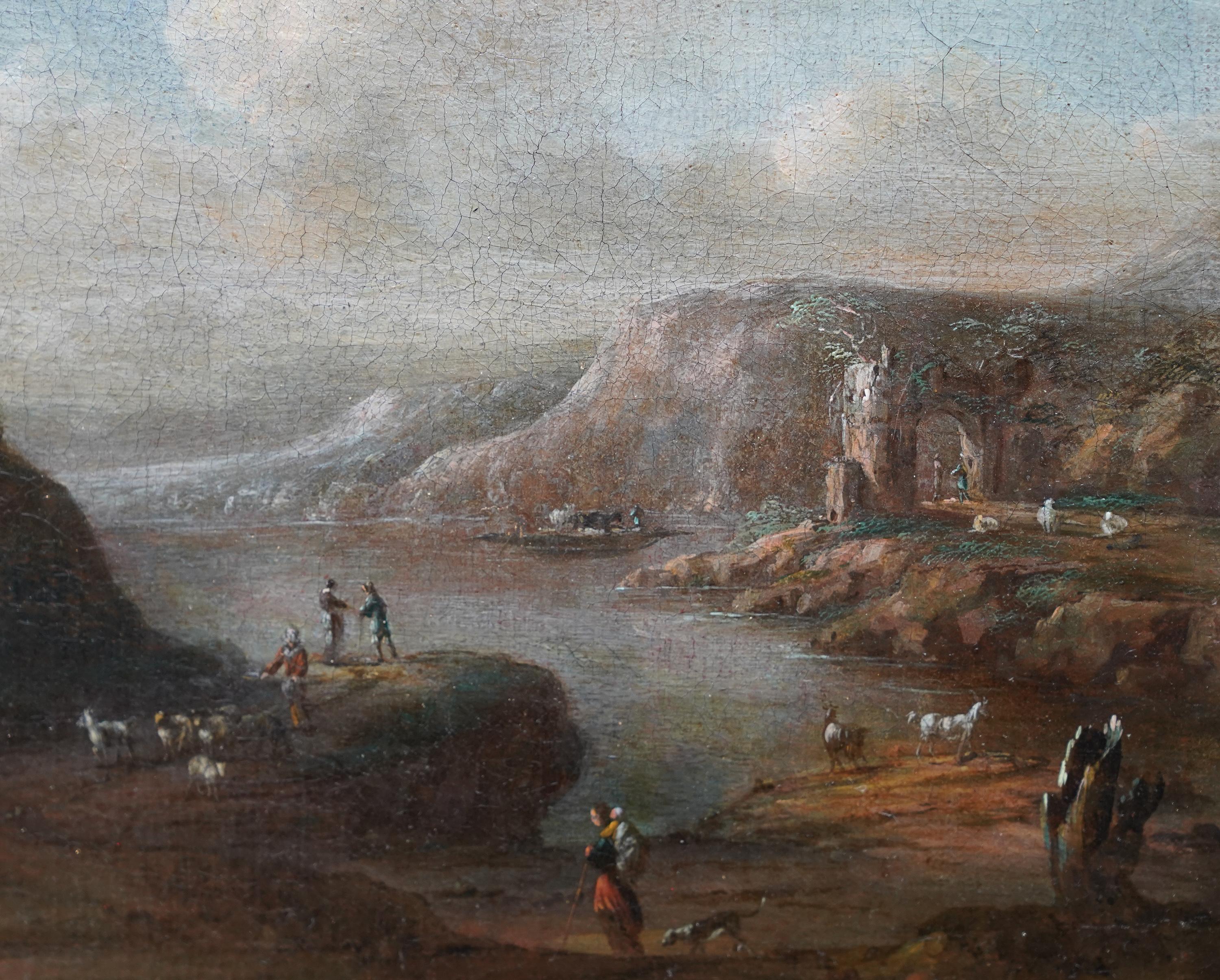 Travellers near Ruins in a Landscape - Dutch Old Master art figural oil painting For Sale 4