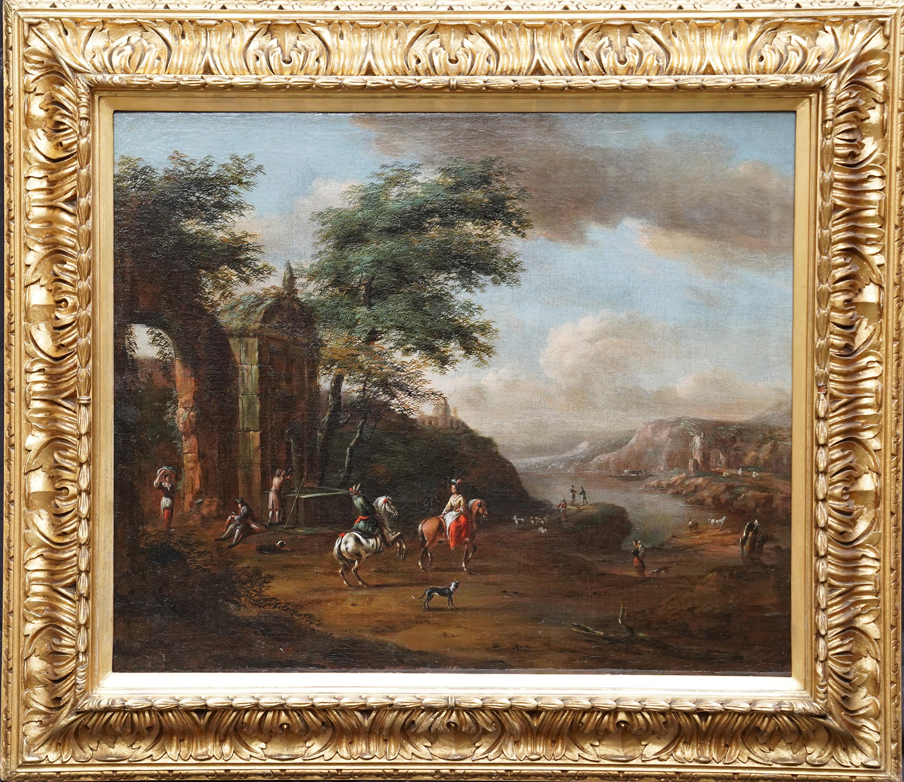 Pieter Wouwerman Landscape Painting – Reisende in der Nähe von Ruinen in einer Landschaft – niederländisches figurales Ölgemälde eines alten Meisters