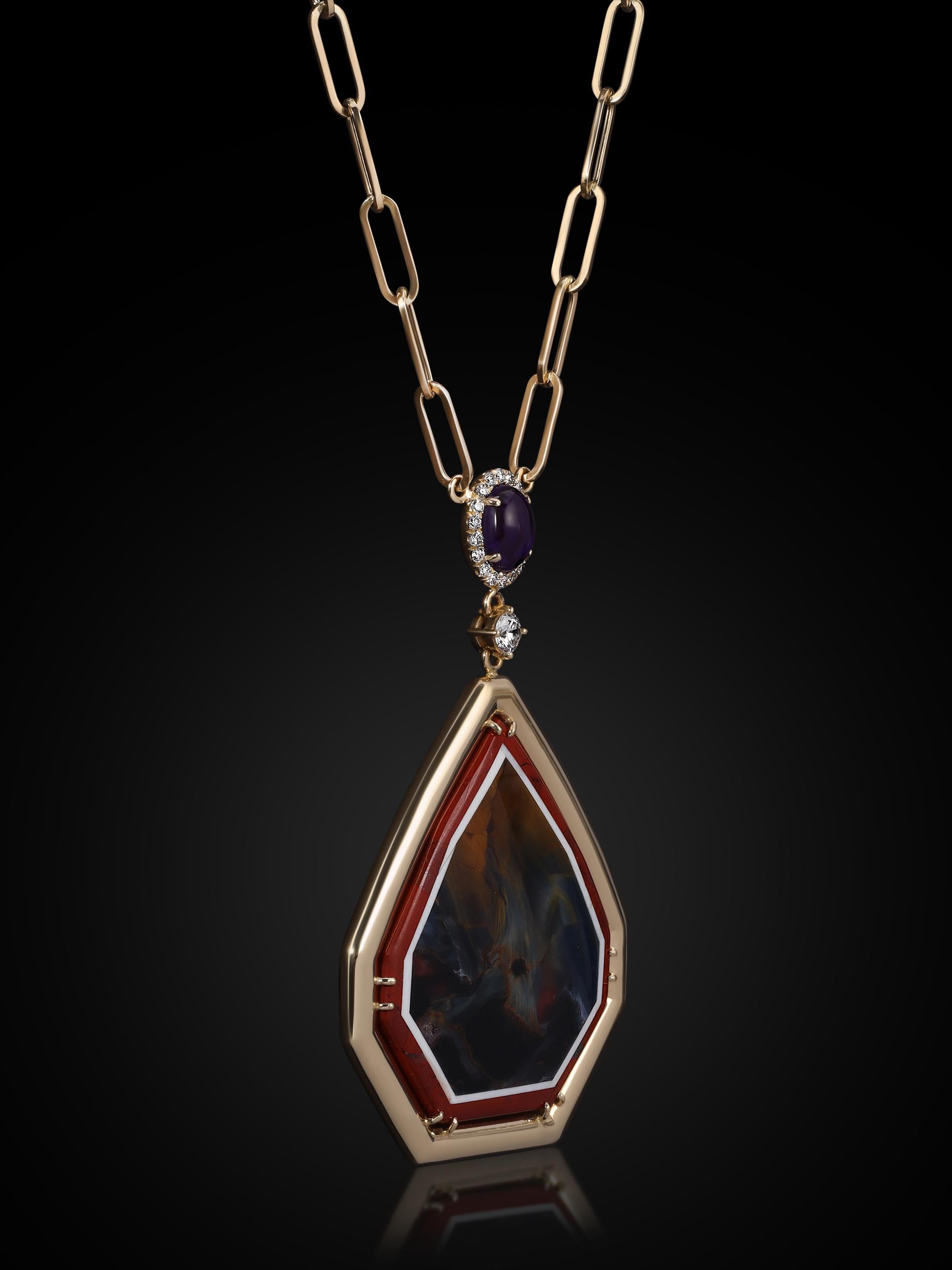 Taille cabochon Collier Pietersite Intarsia en or 18k, diamants VS de 0,71 ct et sugilite en vente