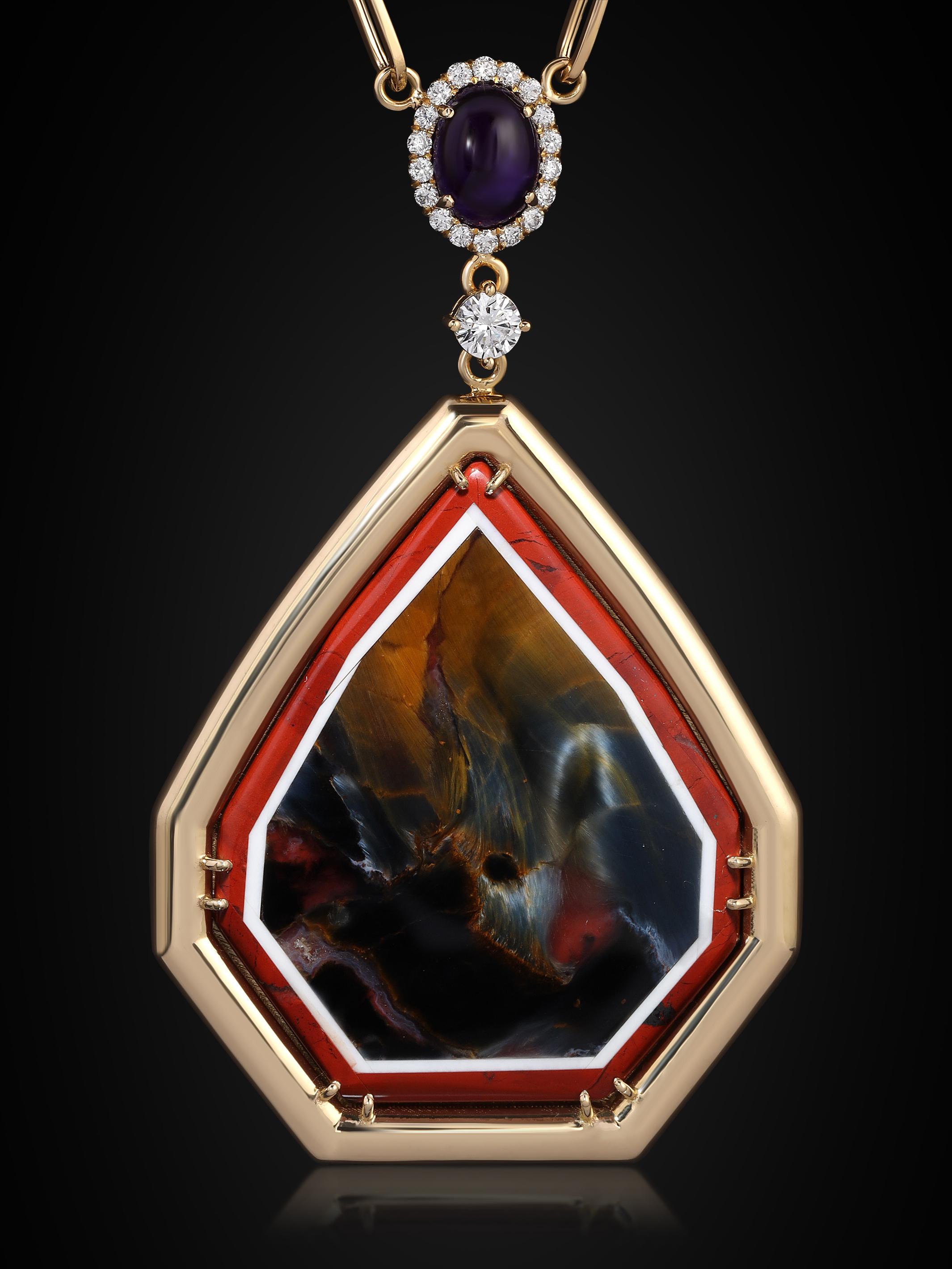 Collier Pietersite Intarsia en or 18k, diamants VS de 0,71 ct et sugilite Neuf - En vente à Mission Viejo, CA