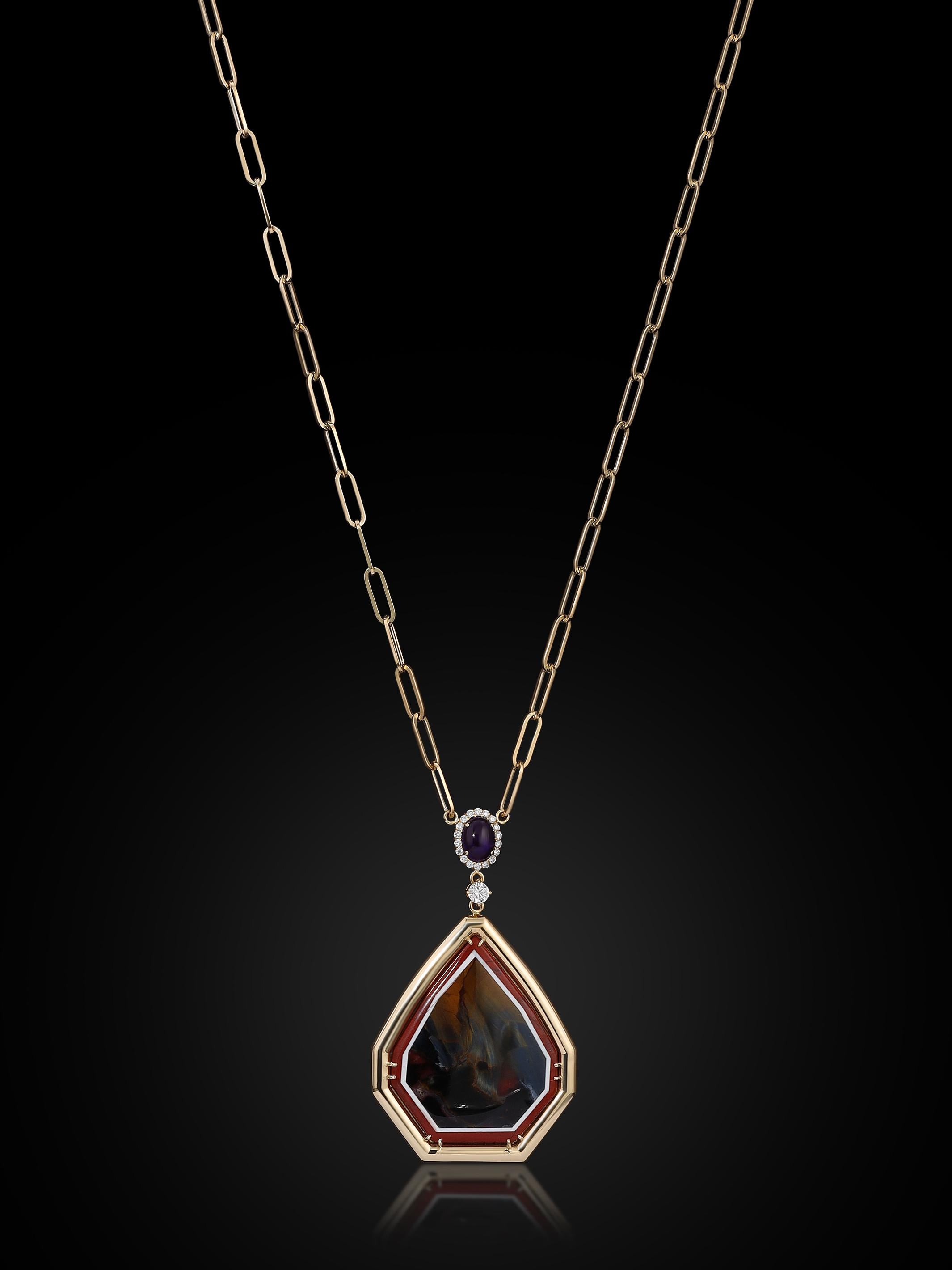 Collier Pietersite Intarsia en or 18k, diamants VS de 0,71 ct et sugilite en vente 1