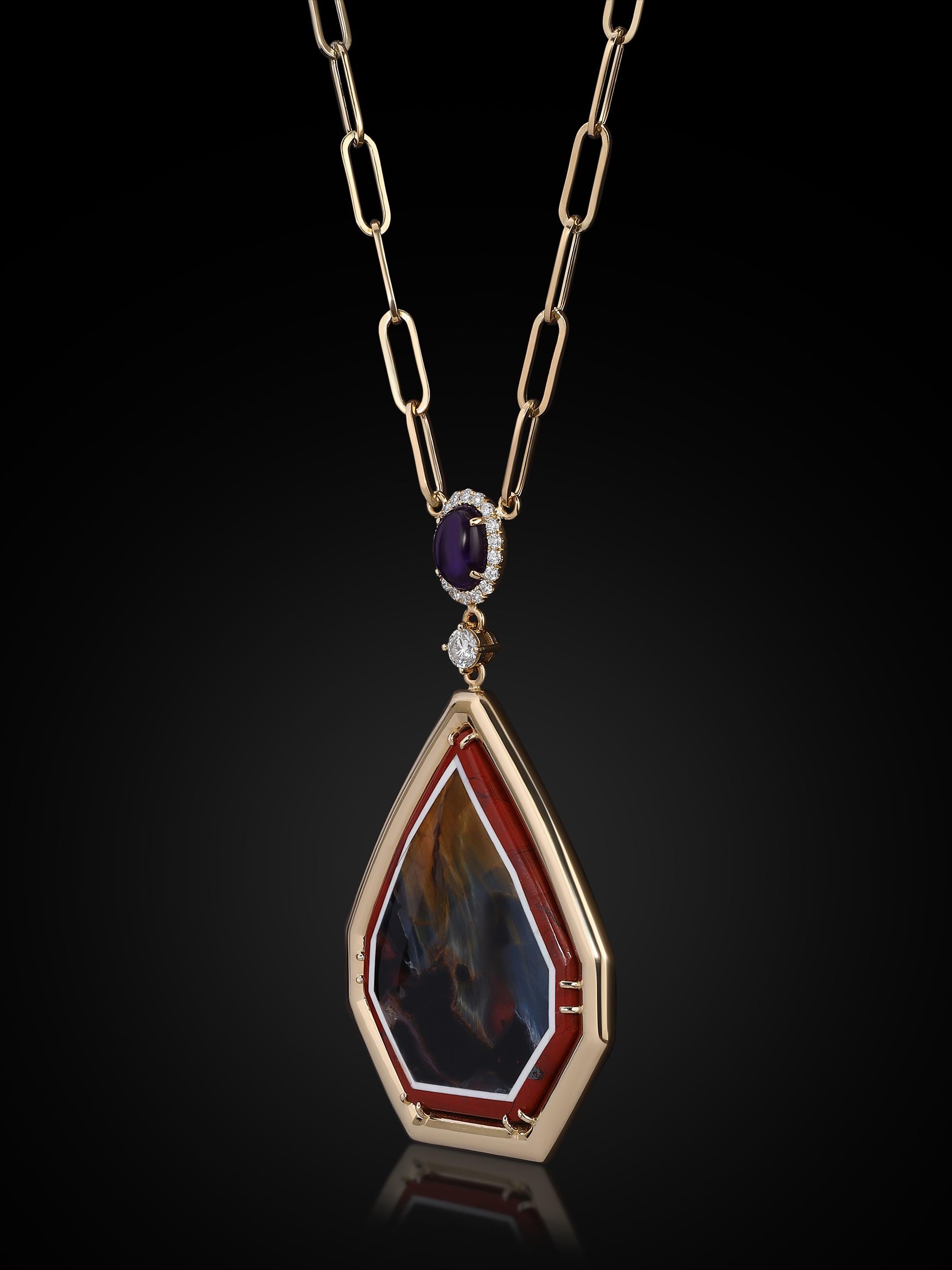 Collier Pietersite Intarsia en or 18k, diamants VS de 0,71 ct et sugilite en vente 2