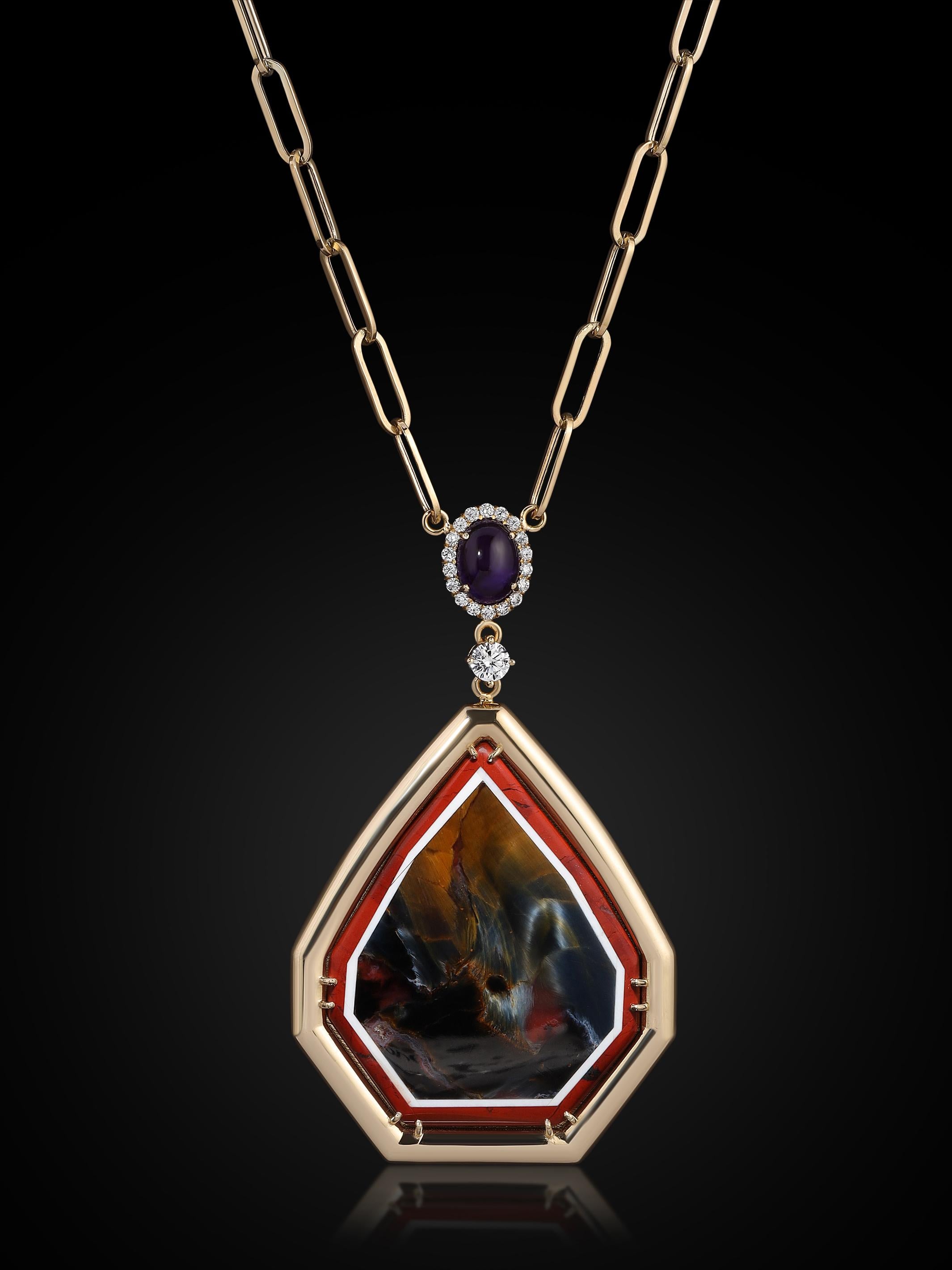 Collier Pietersite Intarsia en or 18k, diamants VS de 0,71 ct et sugilite en vente 3