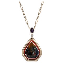 Pietersite Intarsia Necklace 18k Gold, .71 ct VS Diamonds and Sugilite