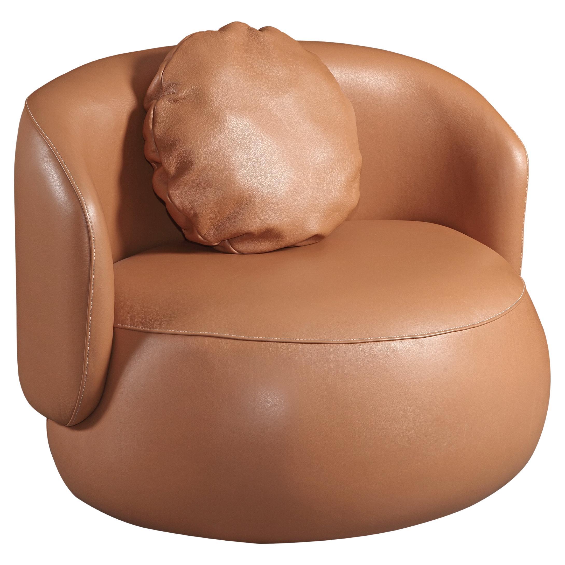 "Pietra" Curved Swivel Armchair Upholstered in Natural Leather Wisky Color