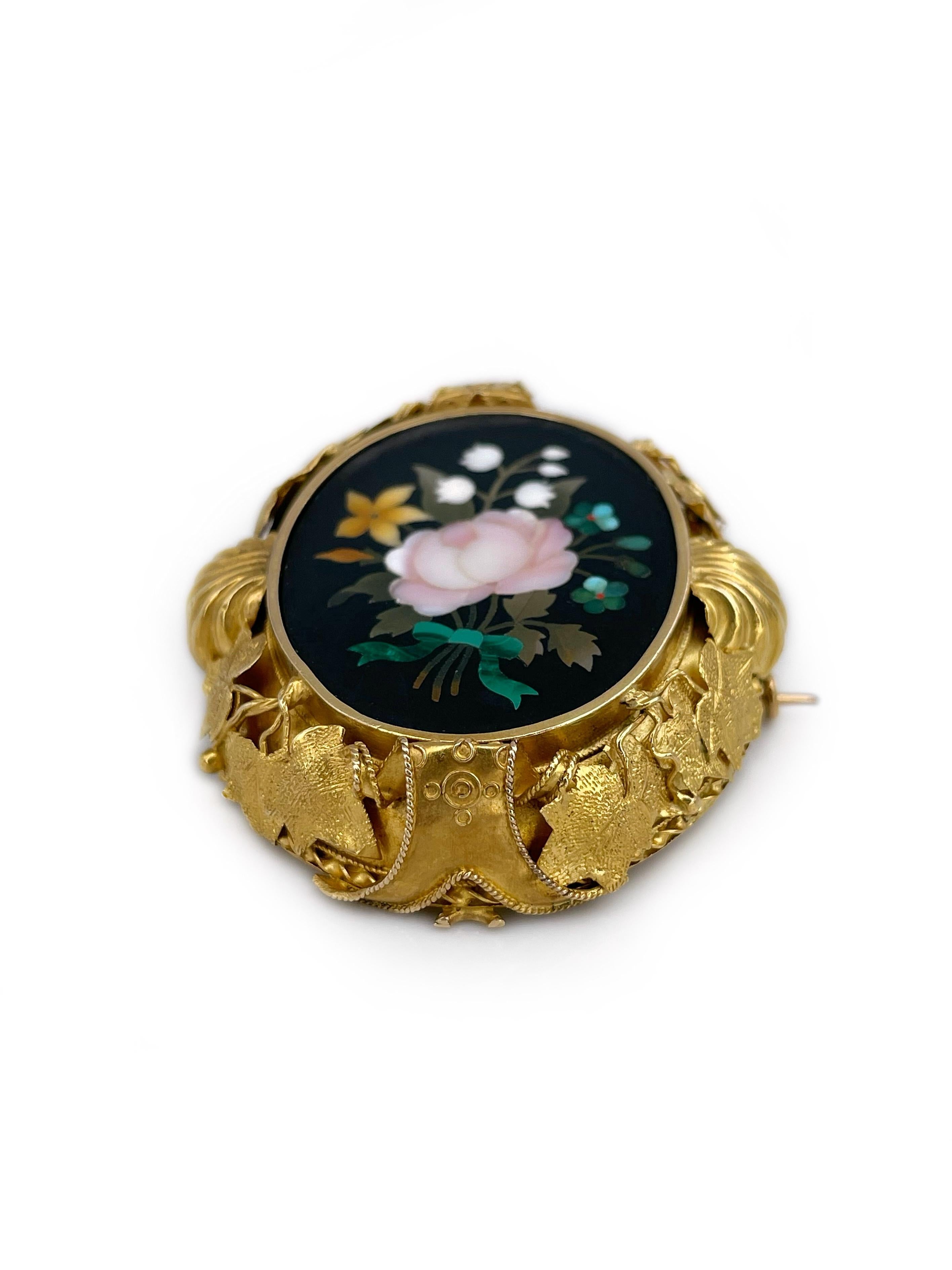 Women's Pietra Dura 18 Karat Gold Flower Bouquet Mosaic Victorian Oval Pin Brooch For Sale