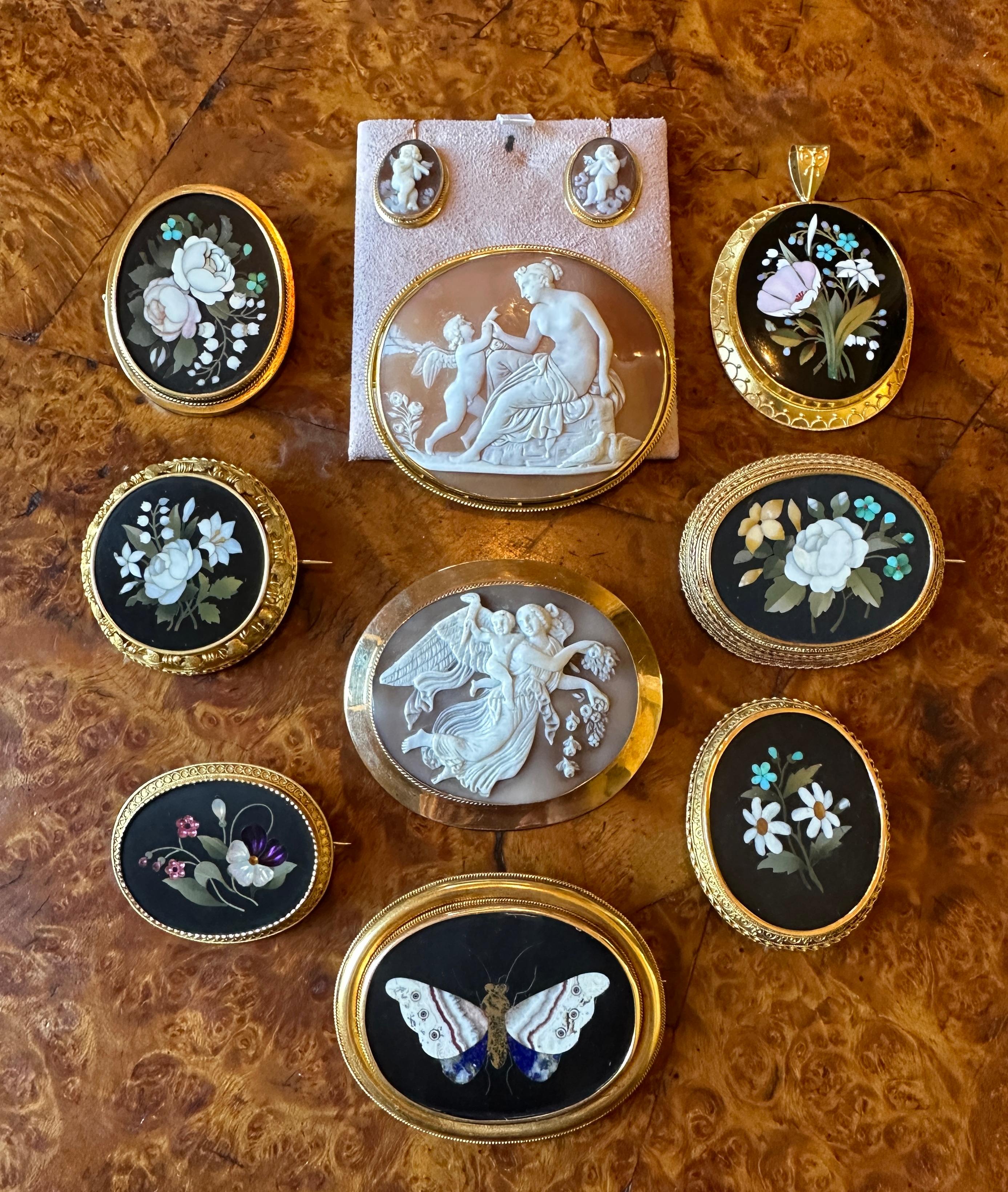 Pietra Dura Amethyst Pansy Flower Brooch Pin 14K Gold Antique Victorian Etruscan For Sale 4