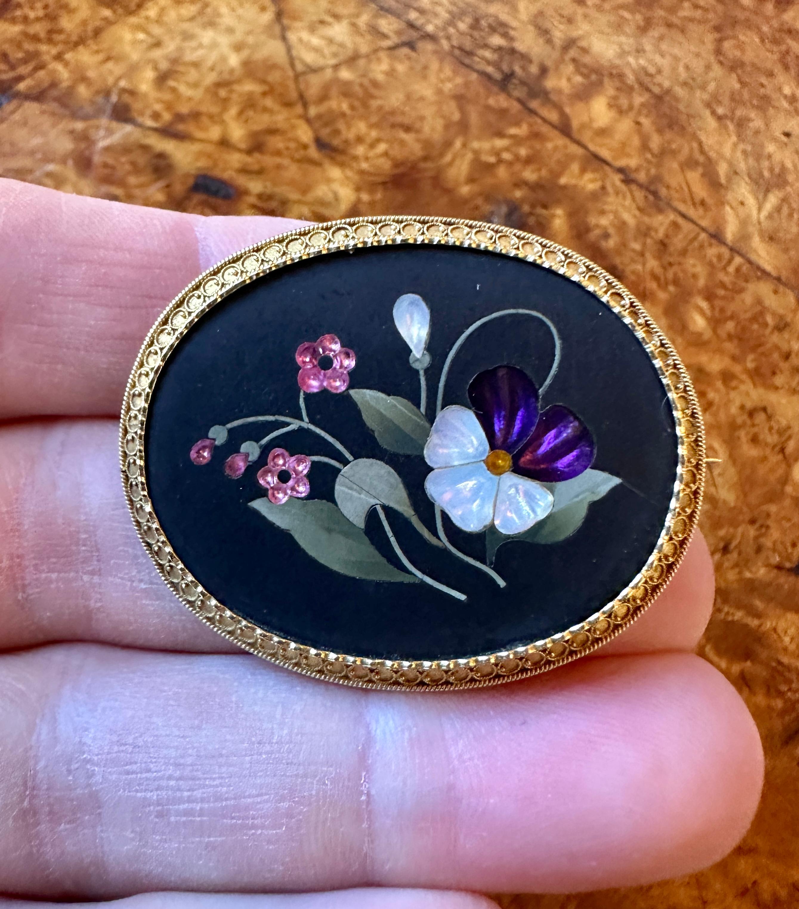 Mixed Cut Pietra Dura Amethyst Pansy Flower Brooch Pin 14K Gold Antique Victorian Etruscan For Sale