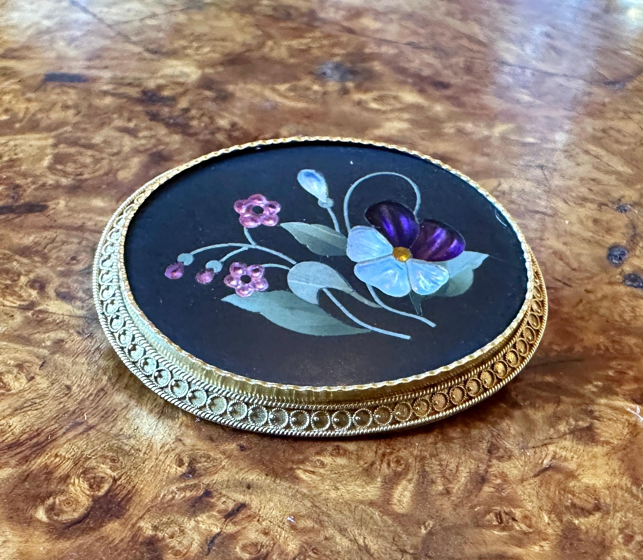 Women's Pietra Dura Amethyst Pansy Flower Brooch Pin 14K Gold Antique Victorian Etruscan For Sale