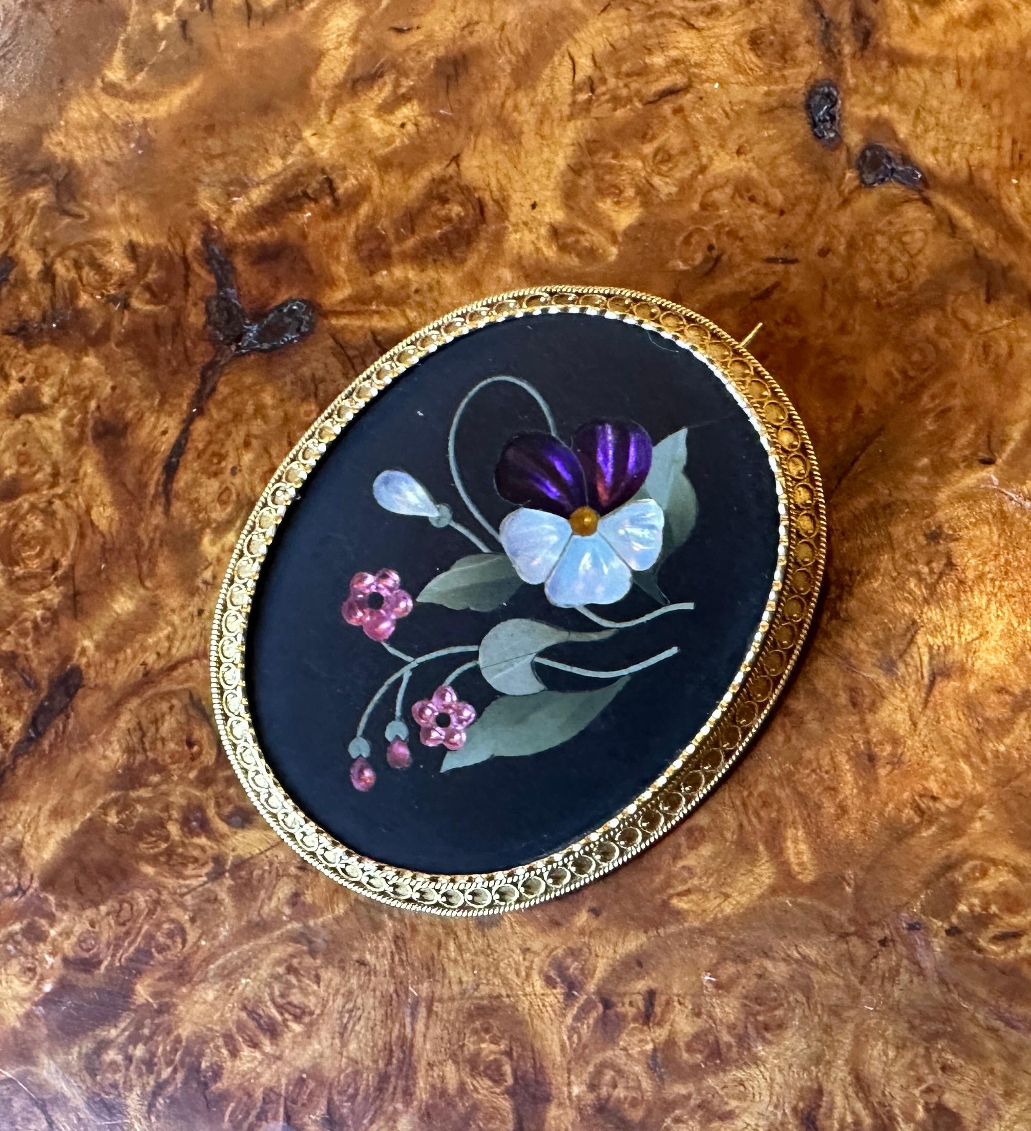 Pietra Dura Amethyst Pansy Flower Brooch Pin 14K Gold Antique Victorian Etruscan For Sale 1