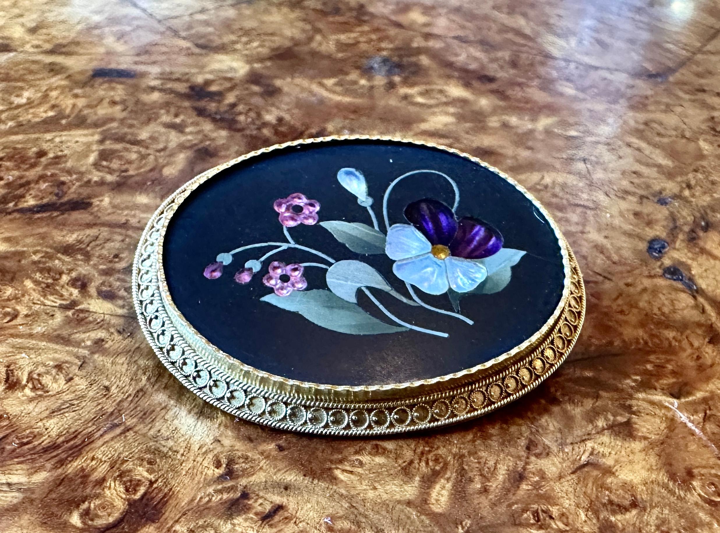 Pietra Dura Amethyst Pansy Flower Brooch Pin 14K Gold Antique Victorian Etruscan For Sale 2