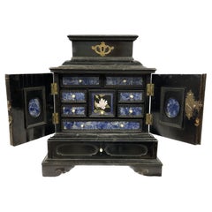 Pietra Dura And Lapis Lazuli  Mounted Ebonized Wood Table Cabinet