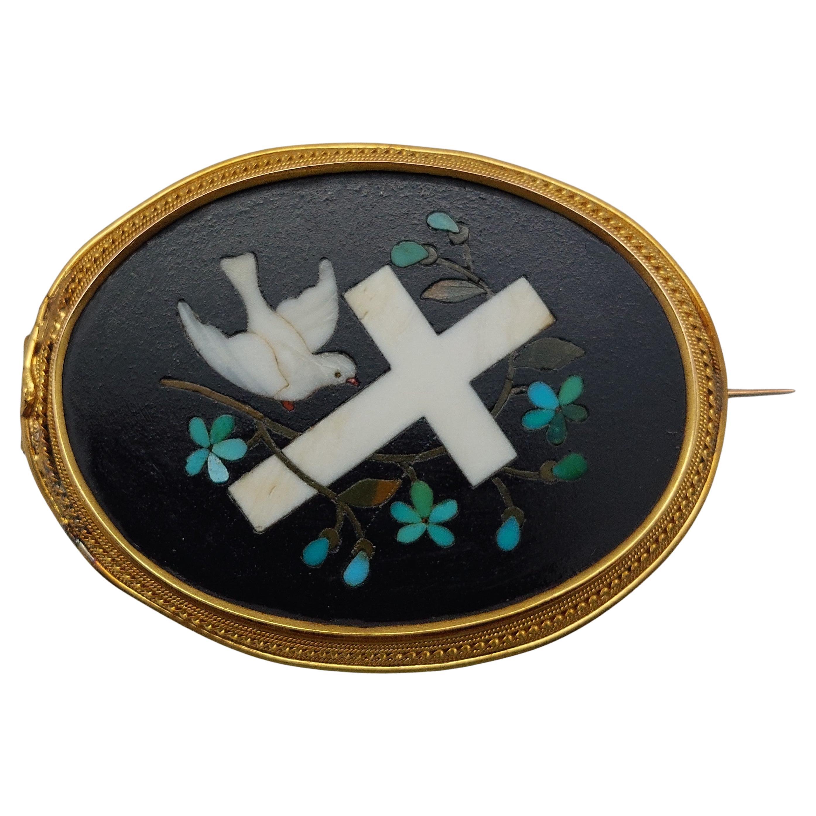 Pietra Dura Antique 18 Karat Yellow Gold Dove and Cross Pin