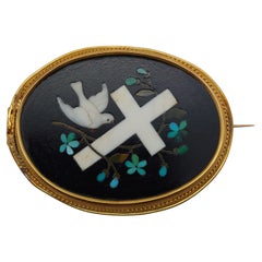 Pietra Dura Antique 18 Karat Yellow Gold Dove and Cross Pin