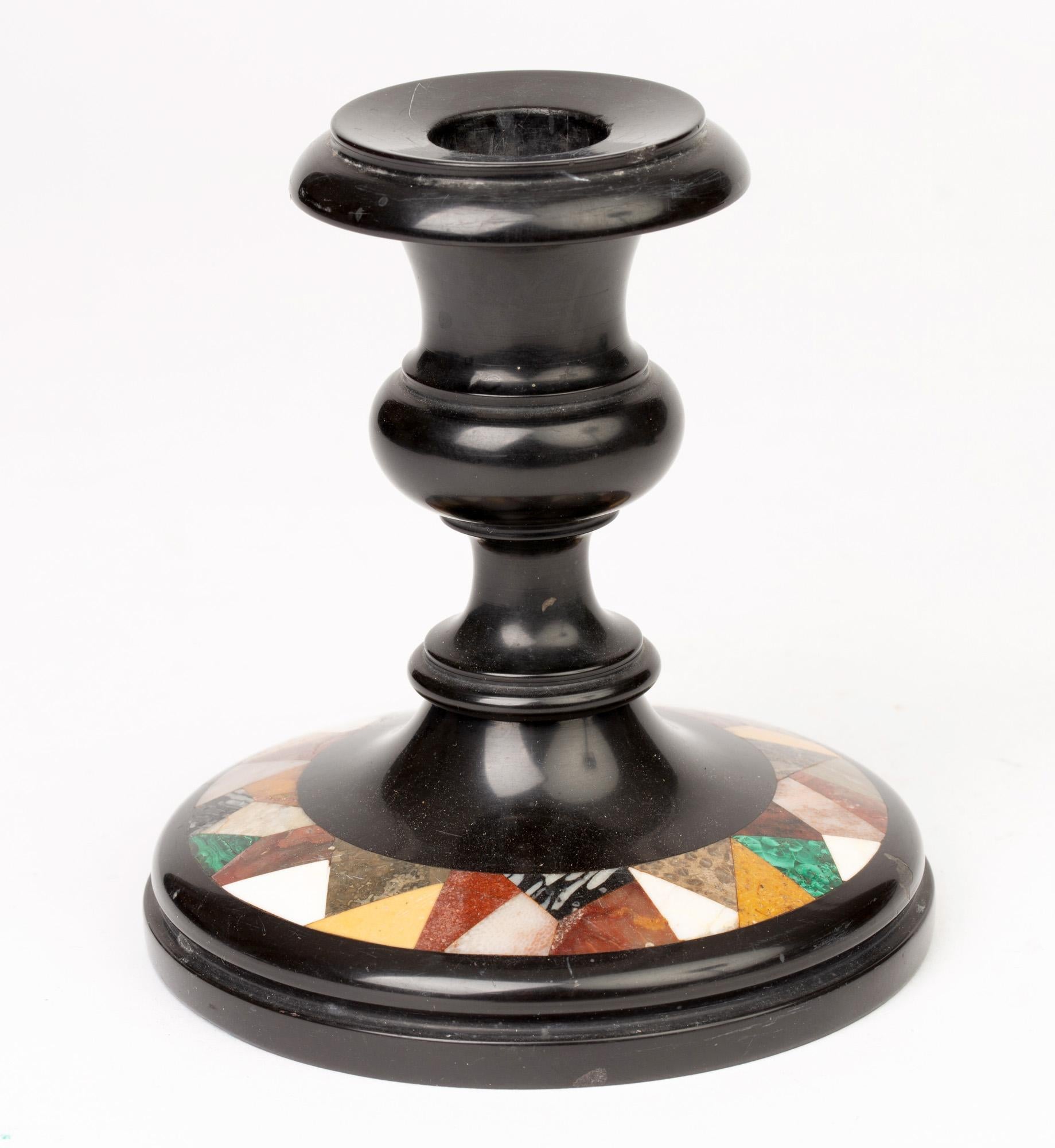 Inlay Pietra Dura Ashford Derbyshire Black Marble Candlestick