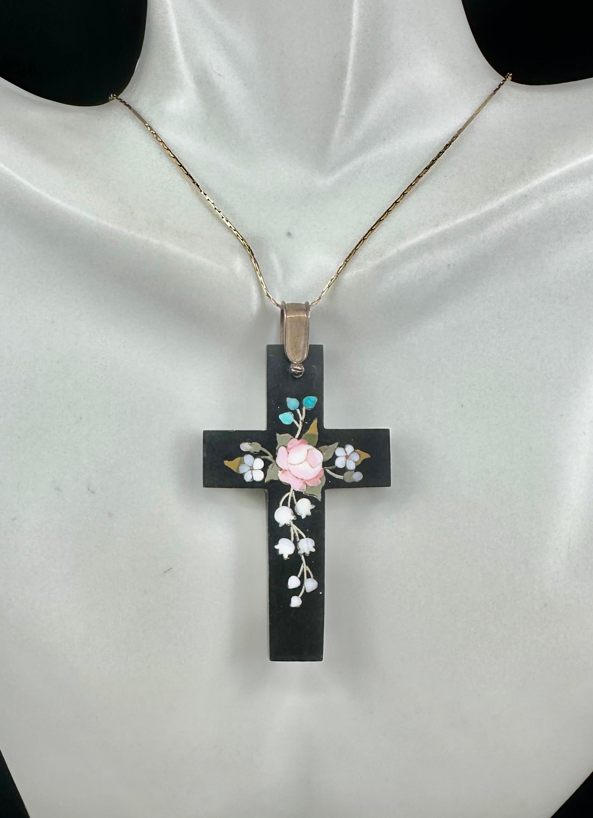 da uomo o donna Pietra Dura Croce Rosa Mughetto Collana con ciondolo in oro vittoriano in vendita