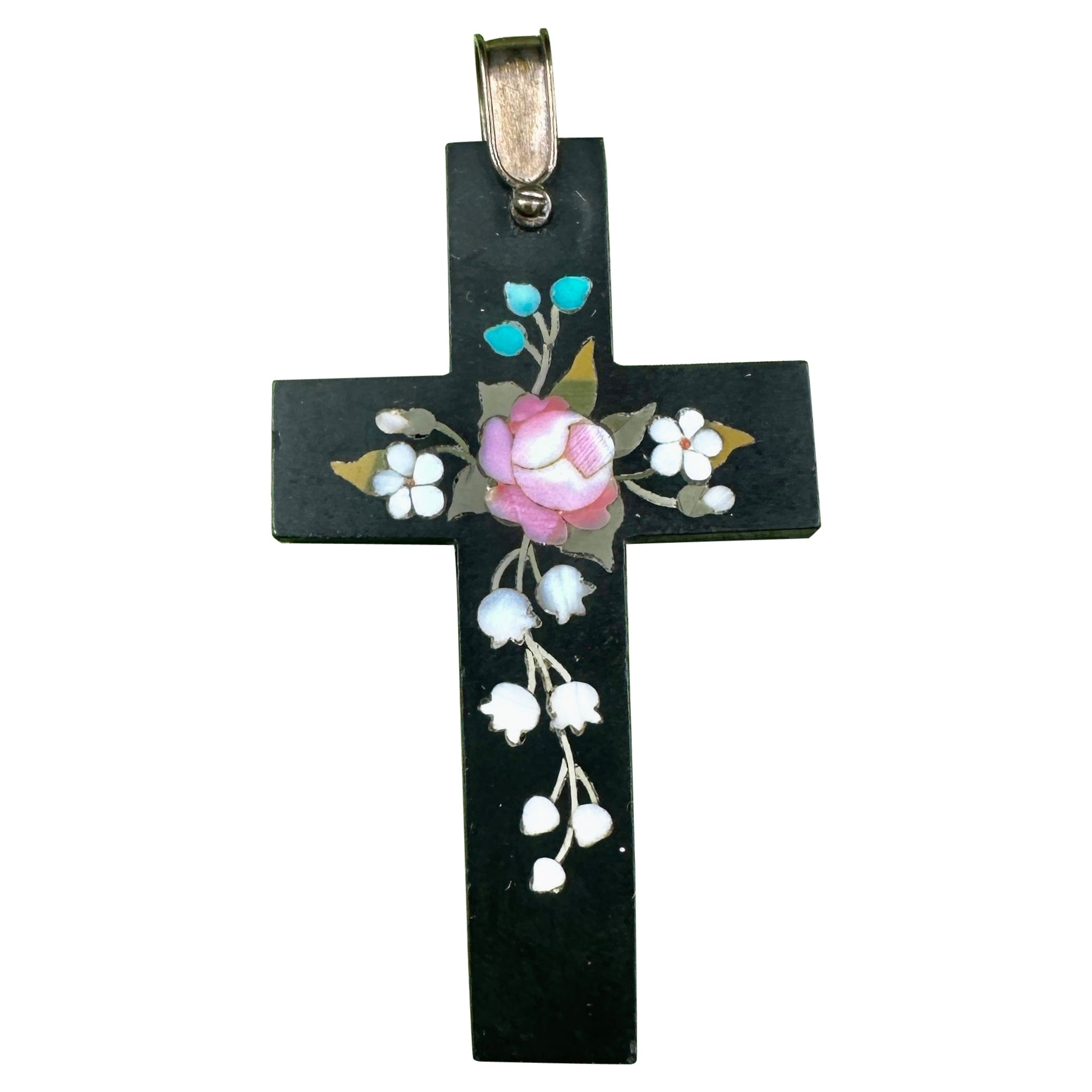 Pietra Dura Croce Rosa Mughetto Collana con ciondolo in oro vittoriano in vendita