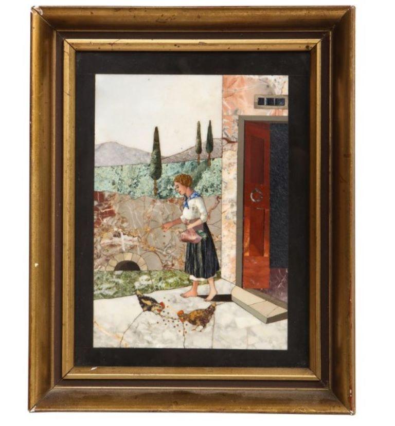 Pietra Dura Depicting a woman feeding chickens

circa 1850s Italy

Dimensions:
With frame: approximately 11.75 x 9.38 inches
Micromosaic without frame: approximately 9 x 6.75 inches.