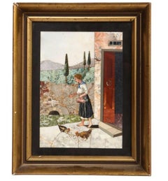 Pietra dura raffigurante una donna che dà da mangiare alle galline