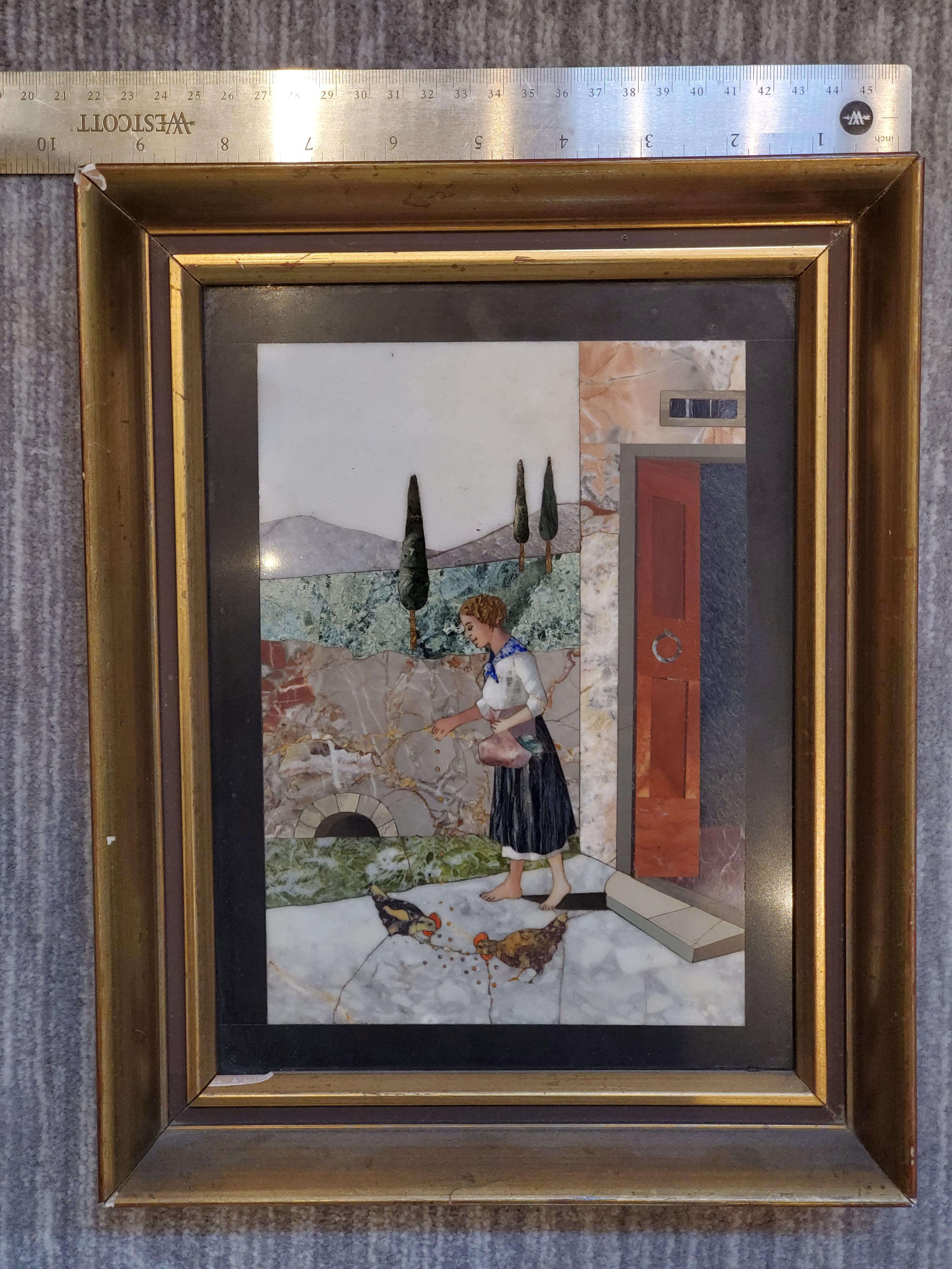 Italian Pietra Dura Depicting a Woman Feeding Chickens For Sale