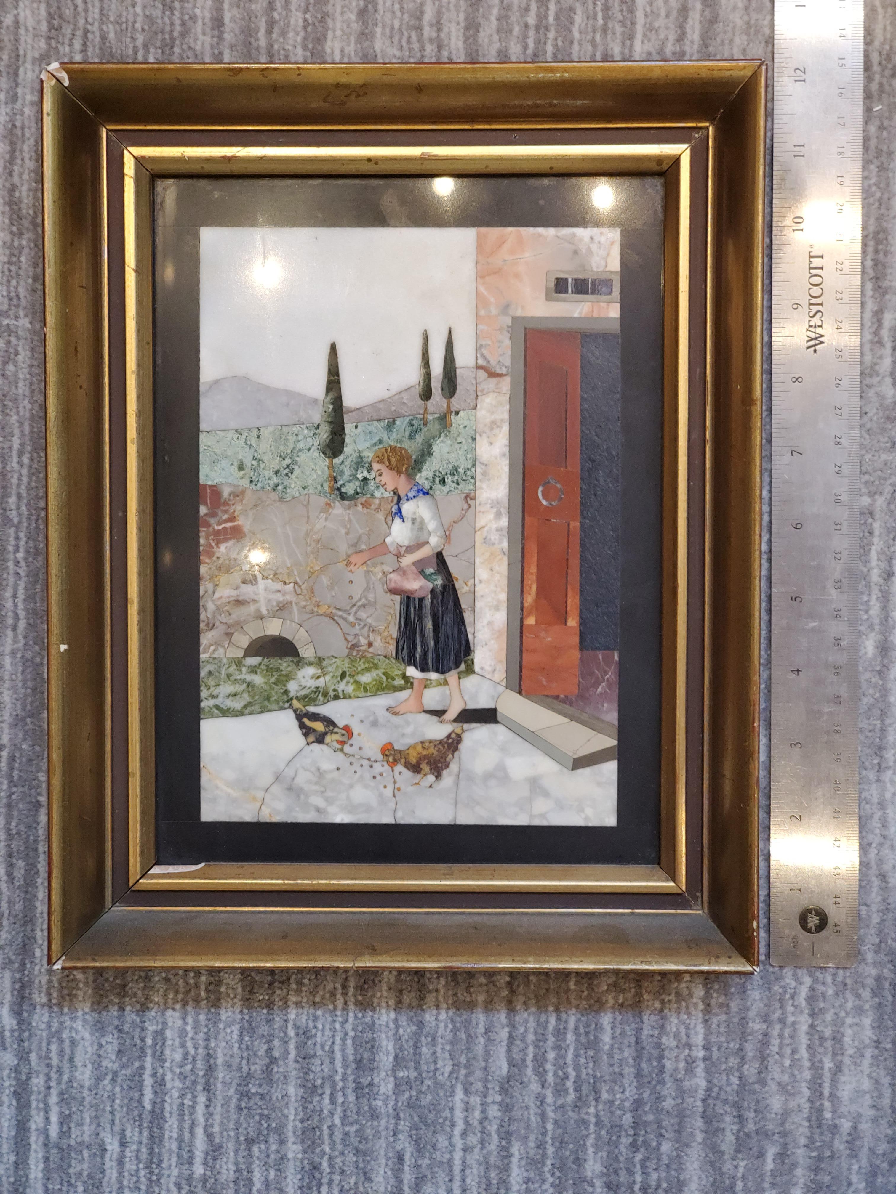 Pietra Dura Depicting a Woman Feeding Chickens In Excellent Condition For Sale In New York, NY