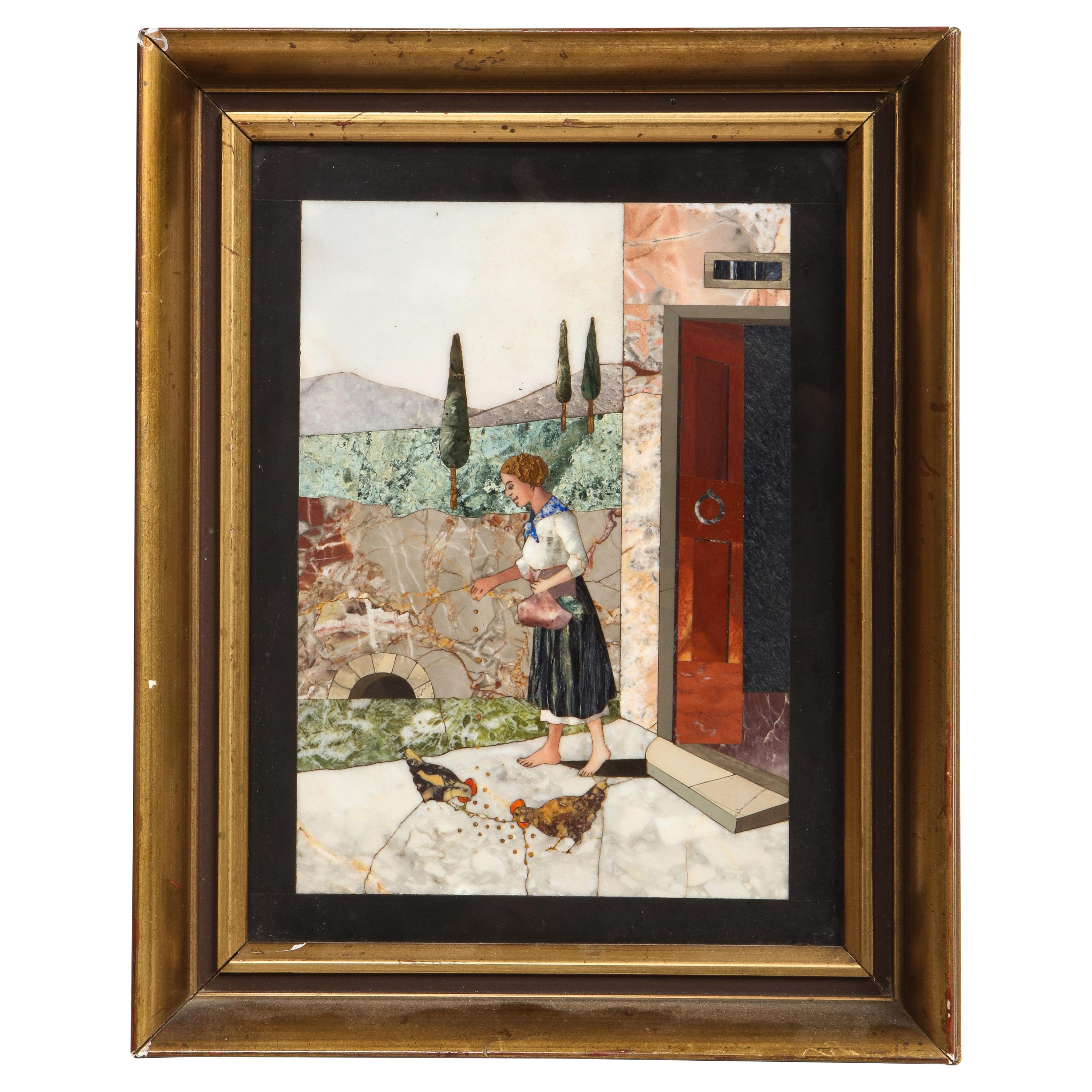 Pietra Dura Depicting a Woman Feeding Chickens For Sale