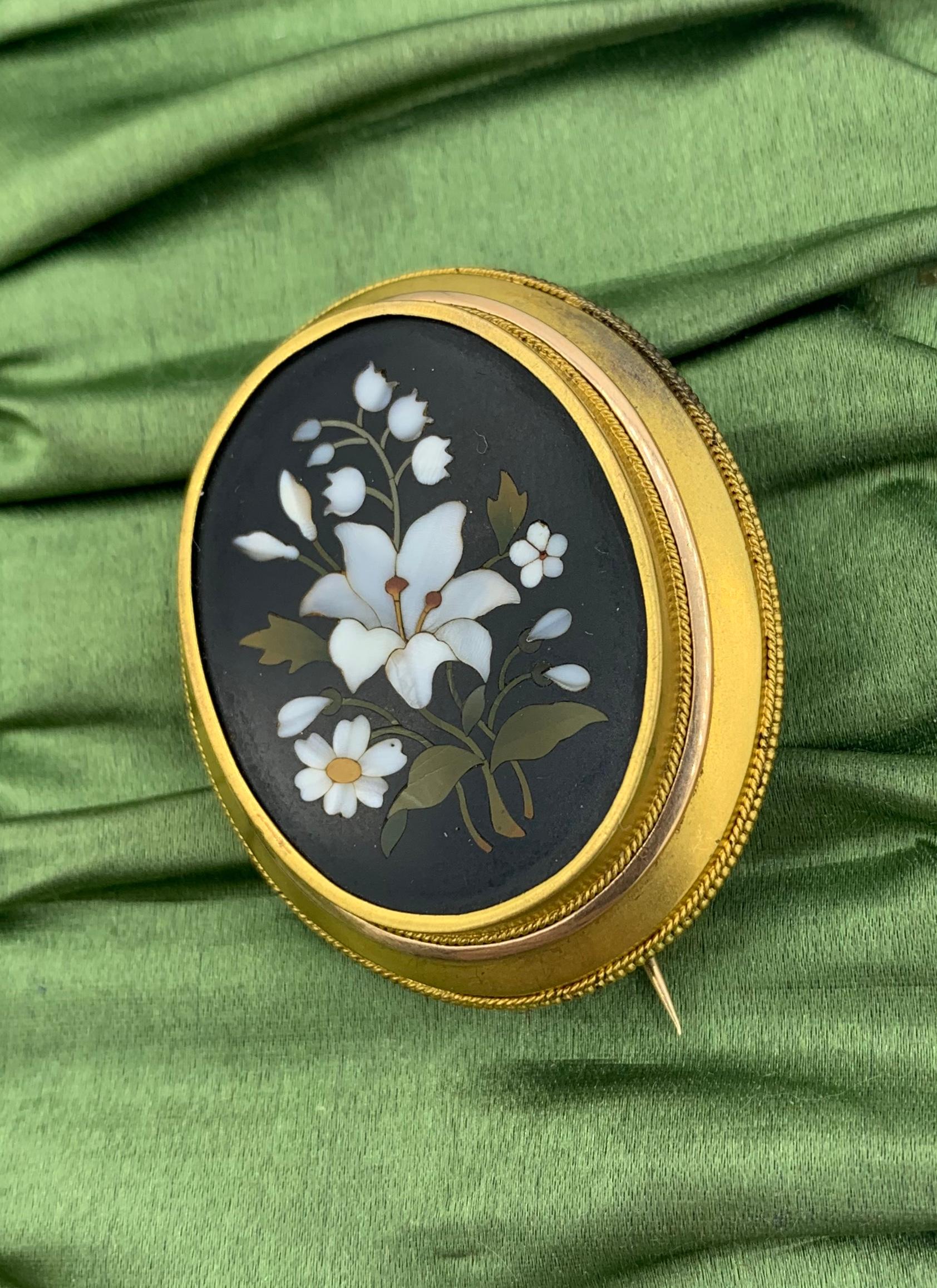 Pietra Dura Flower Lily of Valley Brooch Pin Gold Antique Victorian Etruscan For Sale 1
