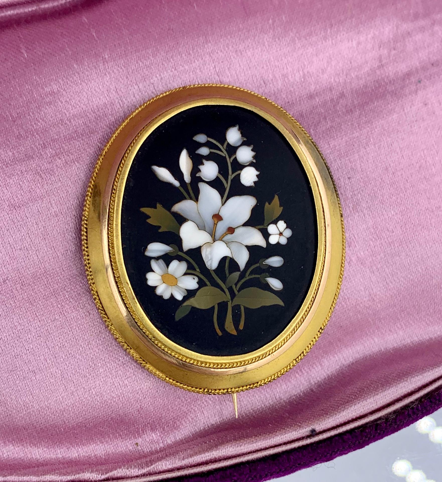 Etruscan Revival Pietra Dura Flower Lily of Valley Brooch Pin Gold Antique Victorian Etruscan For Sale