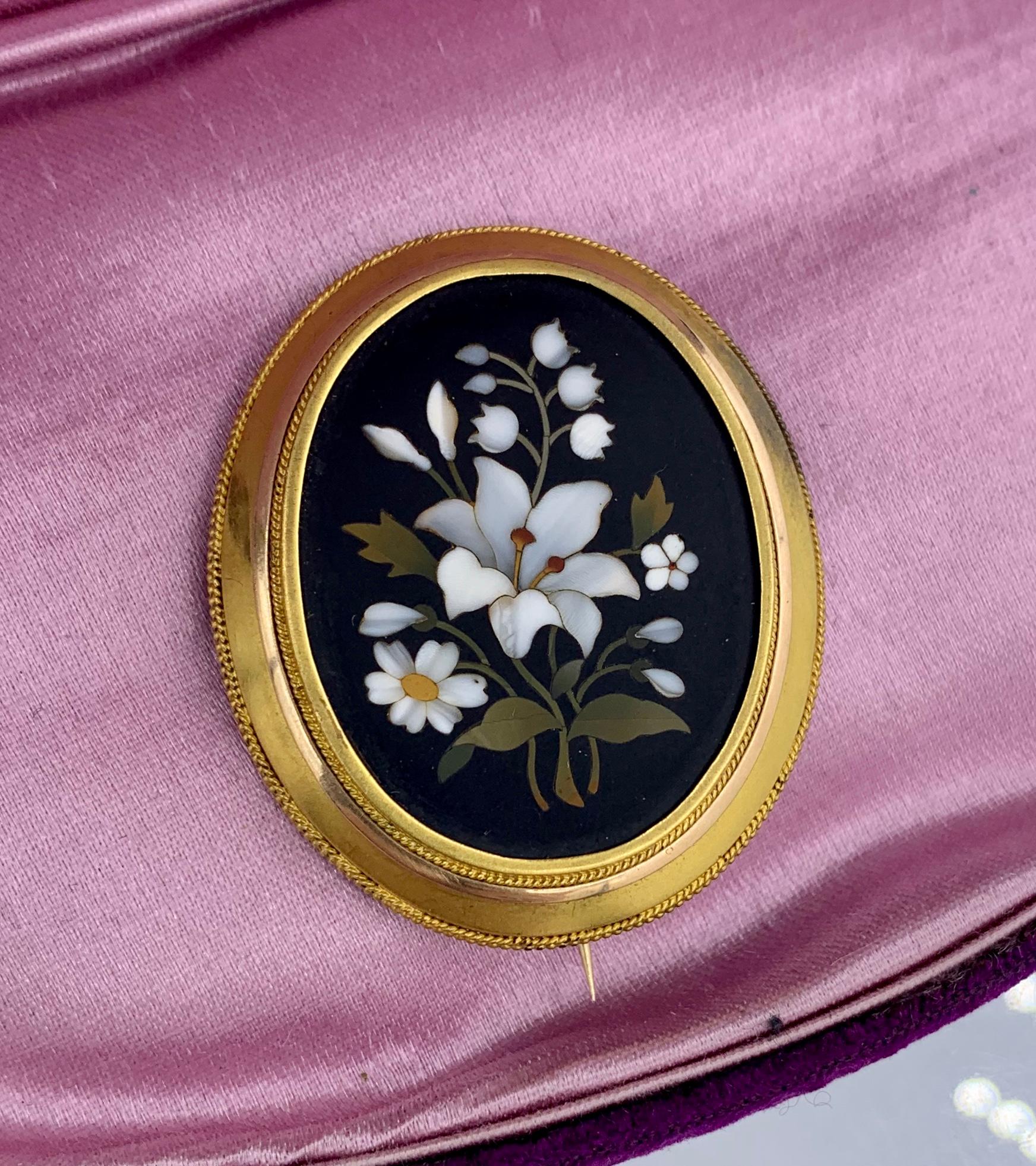 Mixed Cut Pietra Dura Flower Lily of Valley Brooch Pin Gold Antique Victorian Etruscan For Sale