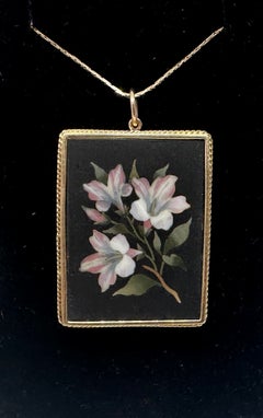 Pietra Dura Flower Lily Pendant Necklace 14 Karat Gold Antique Victorian