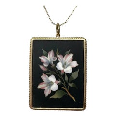 Pietra Dura Flower Lily Pendant Necklace 14 Karat Gold Antique Victorian