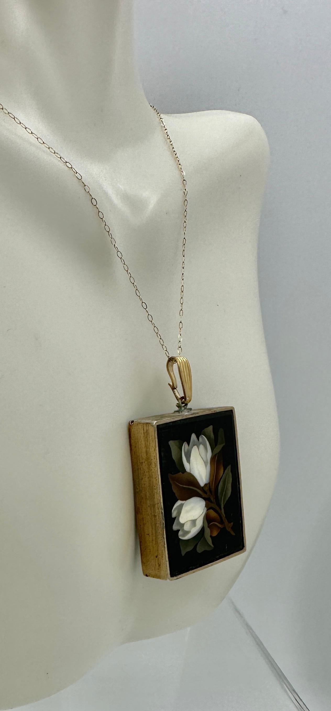 Women's Pietra Dura Flower Lily Pendant Necklace Gold Antique Victorian Etruscan  For Sale