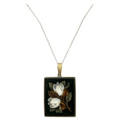 Pietra Dura Flower Lily Pendant Necklace Gold Antique Victorian Etruscan
