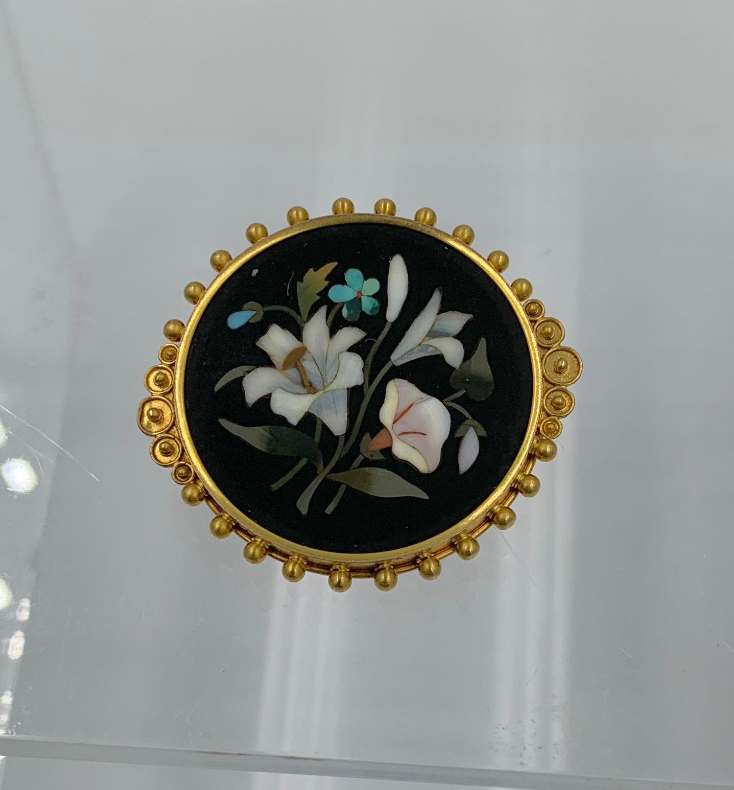 Mixed Cut Pietra Dura Flower Lily Poppy Brooch Pin Gold Antique Victorian Etruscan Revival