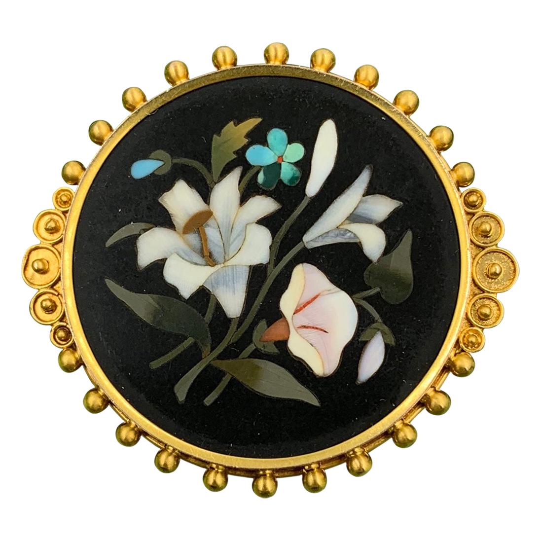 Pietra Dura Flower Lily Poppy Brooch Pin Gold Antique Victorian Etruscan Revival