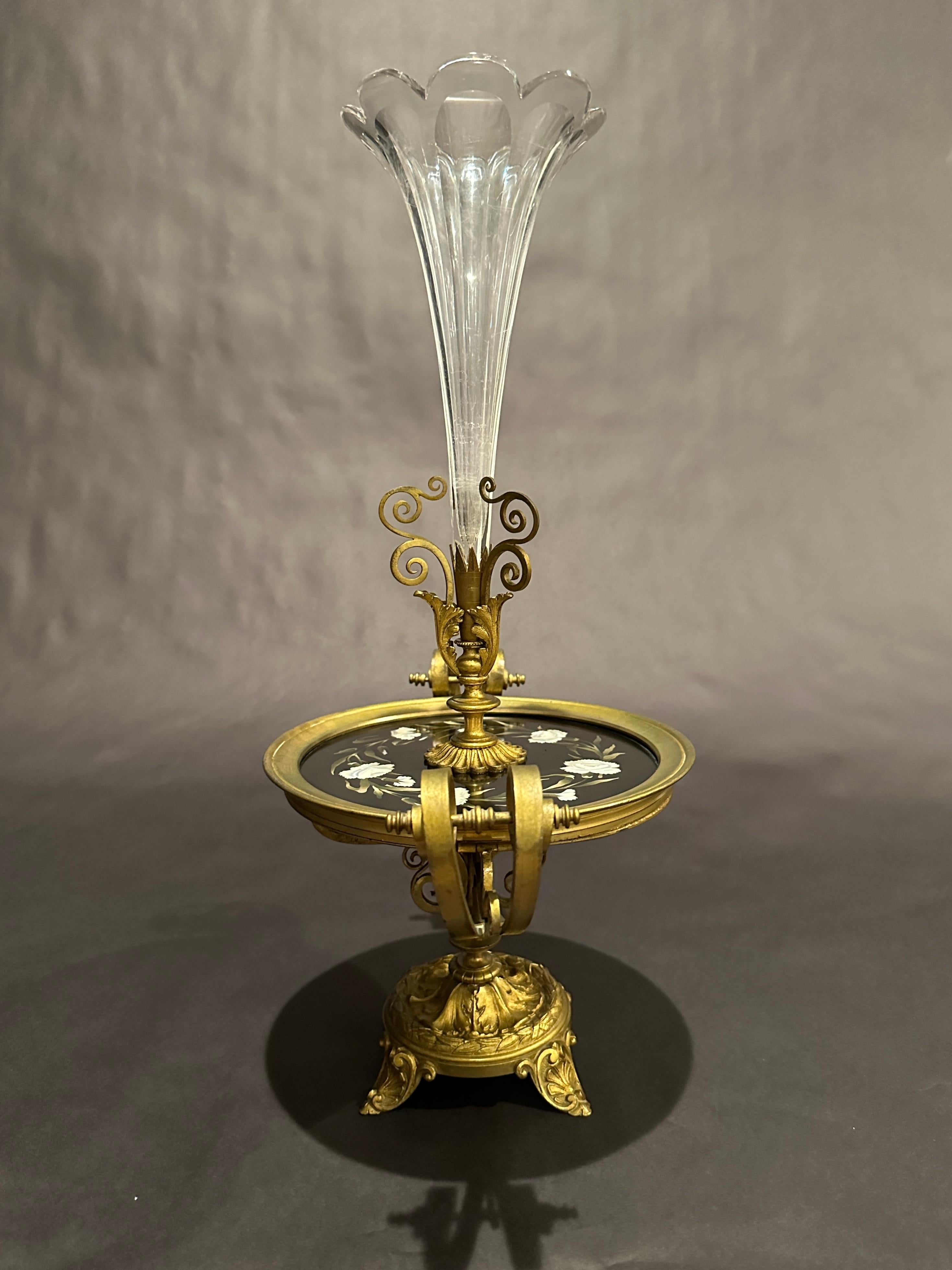 19th Century Pietra Dura Gilt Bronze And Glass Epergne Centerpiece For Sale