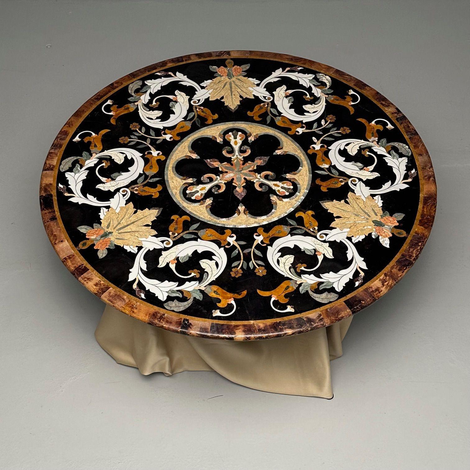 Pietra Dura, Italienische moderne runde Tischplatte aus der Mitte des Jahrhunderts, Marmor, Perlmutt im Zustand „Gut“ in Stamford, CT