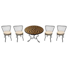 Used Pietra Dura Marble and Jasper Inlay Outdoor Table on Iron Base w/ 4 Iron Chairs